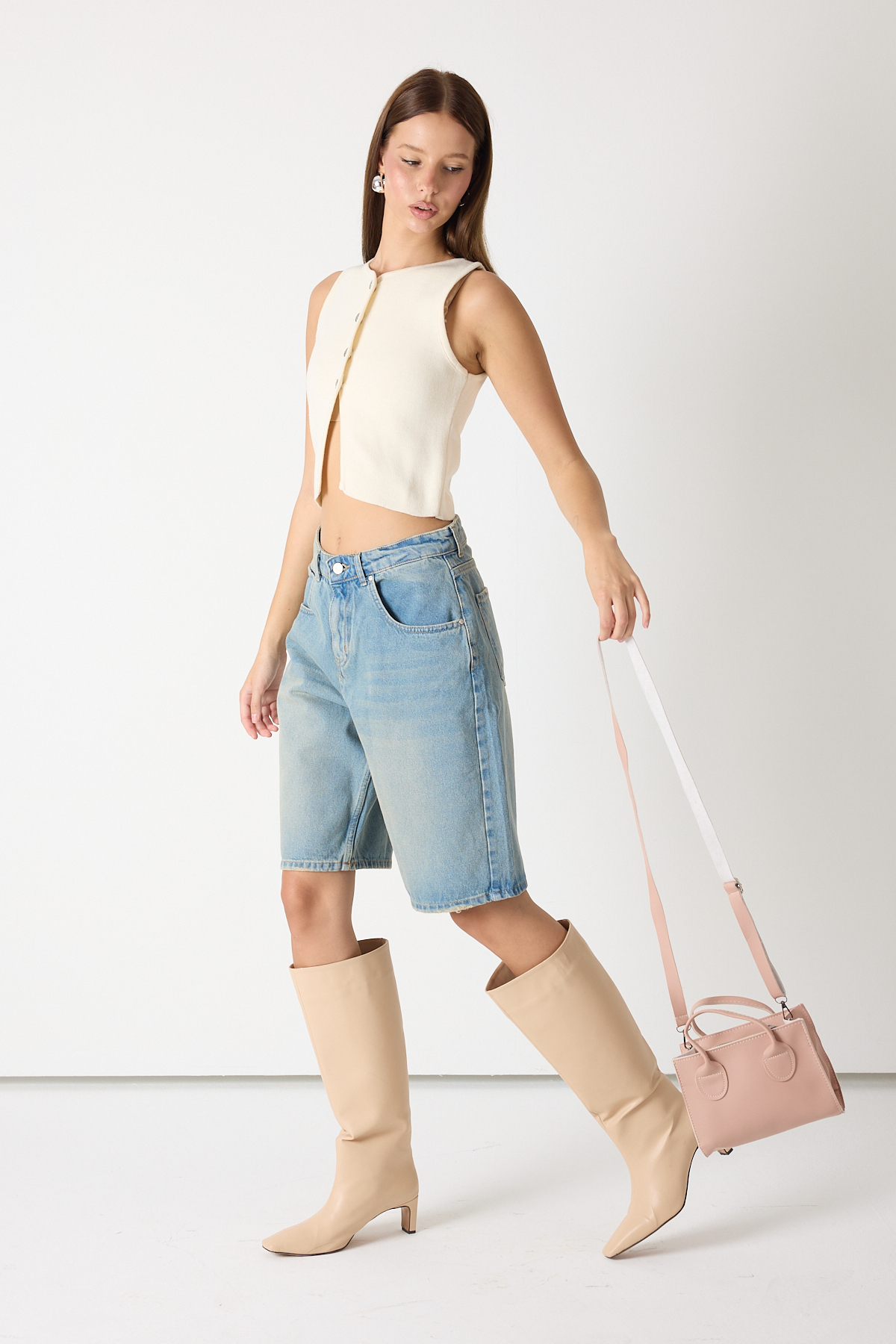 Kadın Pudra Mini Boy Suni Deri Askılı El ve Omuz Çantası