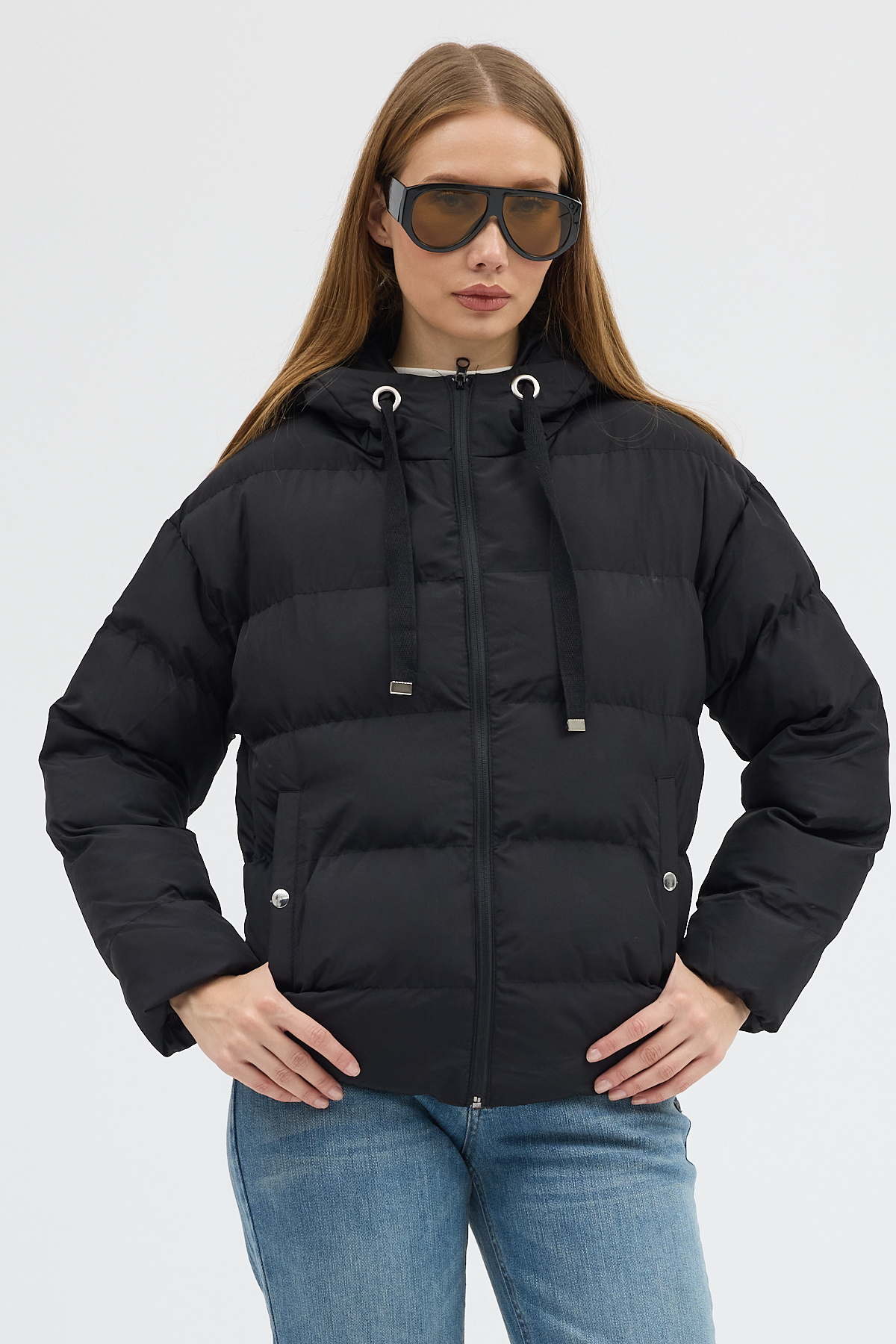 Kadın Siyah Çift Cepli Fermuarlı Su İtici Kumaş Normal Kesim Dolumlu Şişme Mont