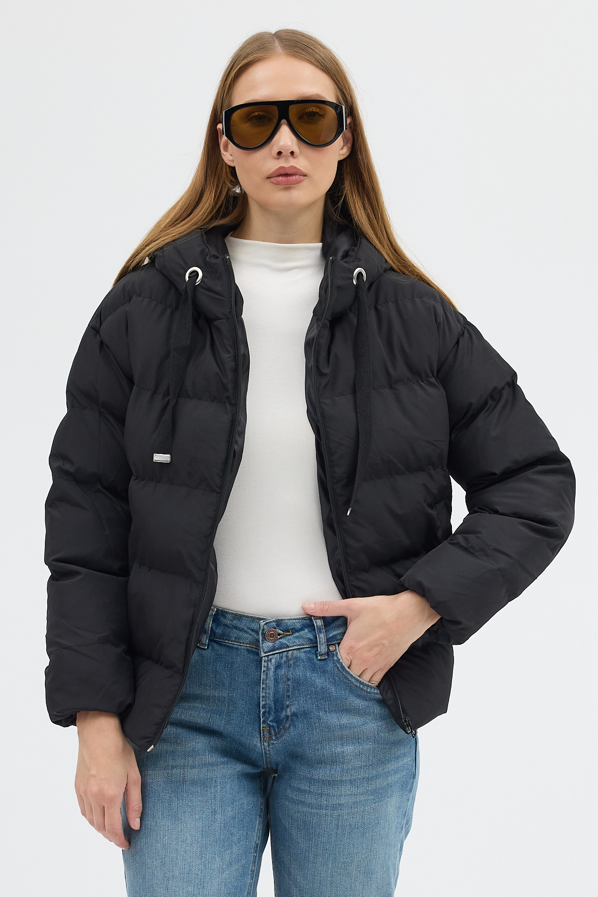 Kadın Siyah Çift Cepli Fermuarlı Su İtici Kumaş Normal Kesim Dolumlu Şişme Mont