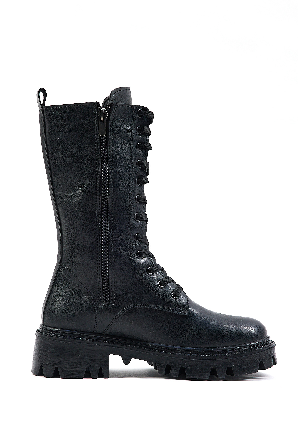 Kadın Siyah Cilt Rahat Kalıp Bağcıklı ve Fermuarlı Uzun Bot