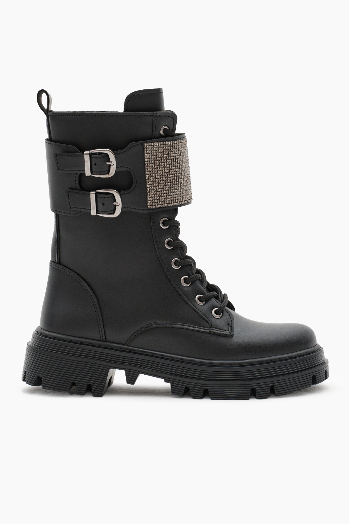 Kadın Siyah Cilt Termo Taban Yanı Çift Tokalı Taşlı Bağcıklı ve Fermuarlı Bot