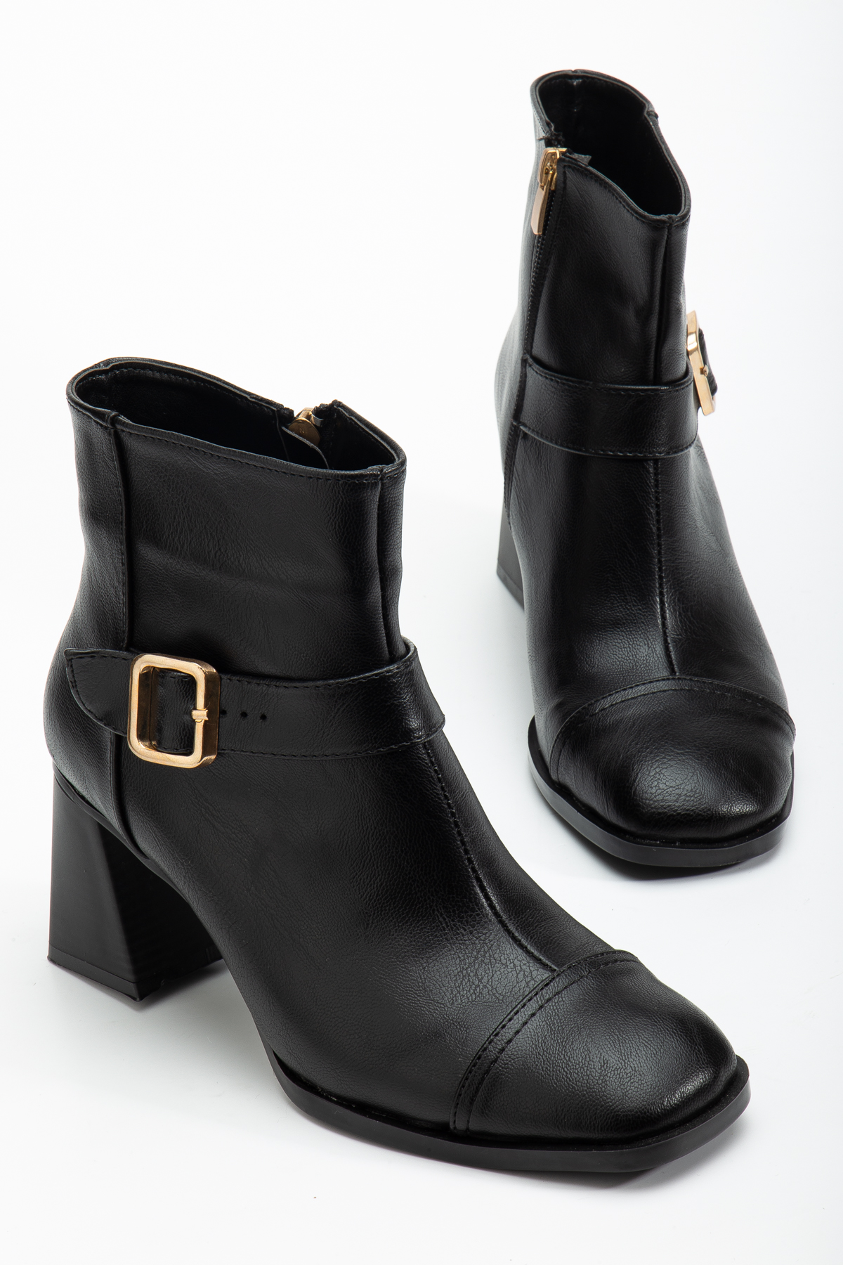 Kadın Siyah Cilt TPU Taban Kemer Toka Detaylı Fermuarlı Topuklu Bot