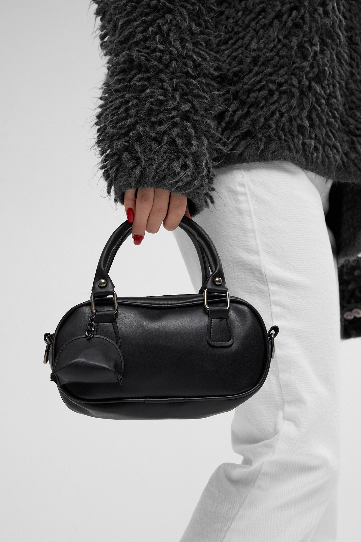 Kadın Siyah Cüzdan Aksesuarlı Silindir Model Mini El ve Omuz Çantası