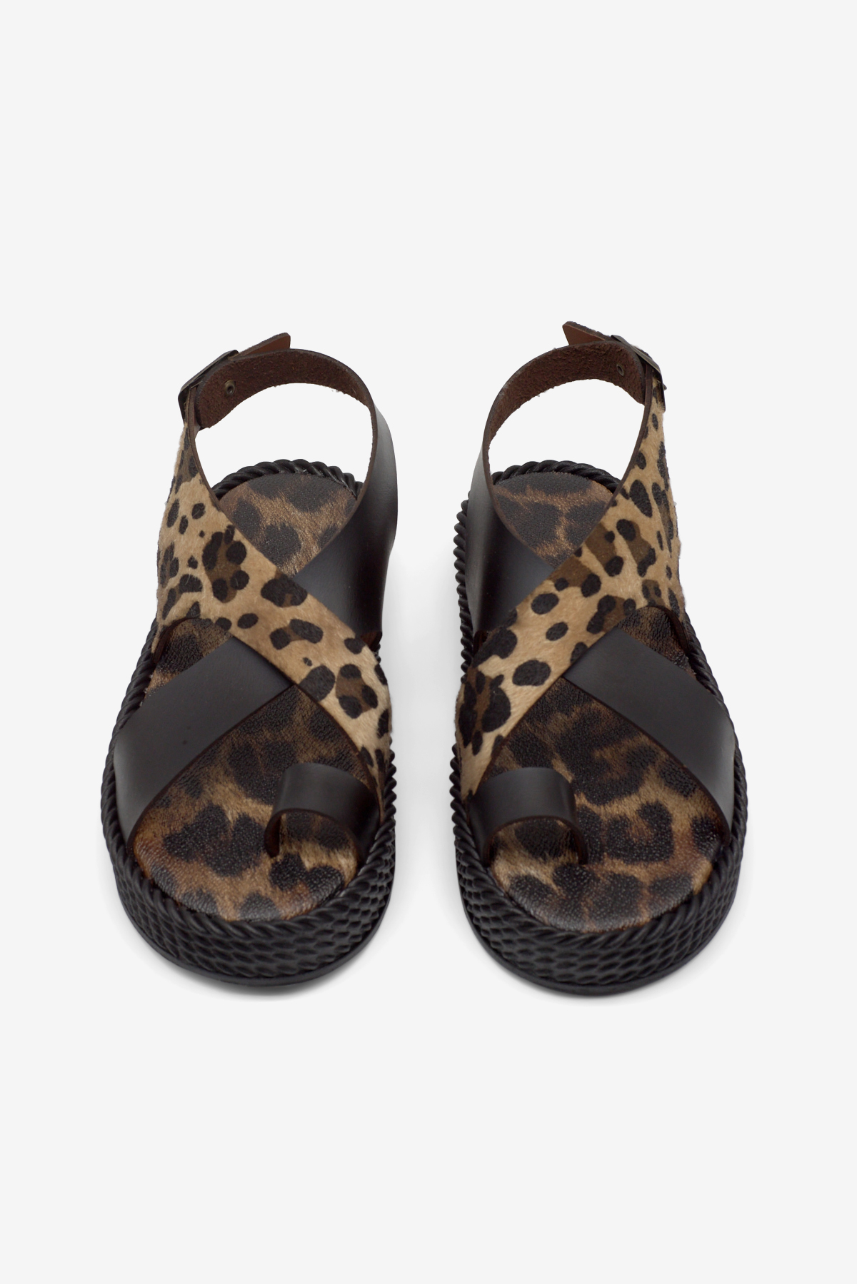 Kadın Siyah Leopar Poli Taban Rahat Kalıp Çapraz Bantlı Parmak Arası Sandalet