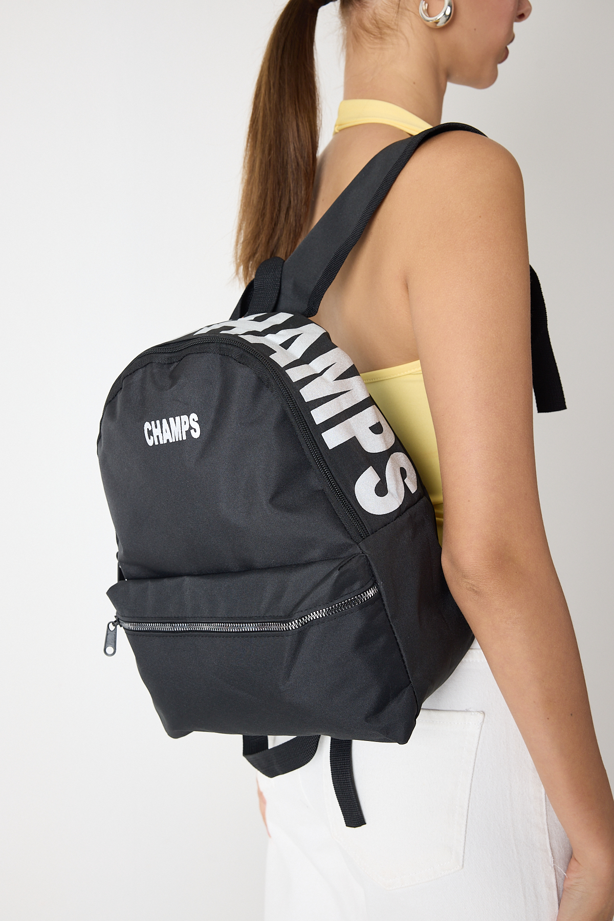 Kadın Siyah Önü Fermuarlı Baskılı Kumaş Sırt Çantası