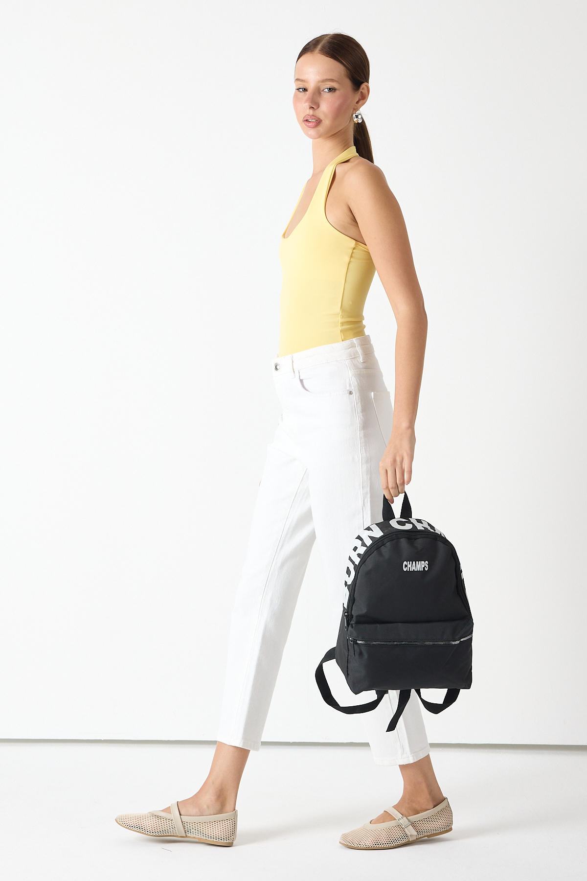 Kadın Siyah Önü Fermuarlı Baskılı Kumaş Sırt Çantası