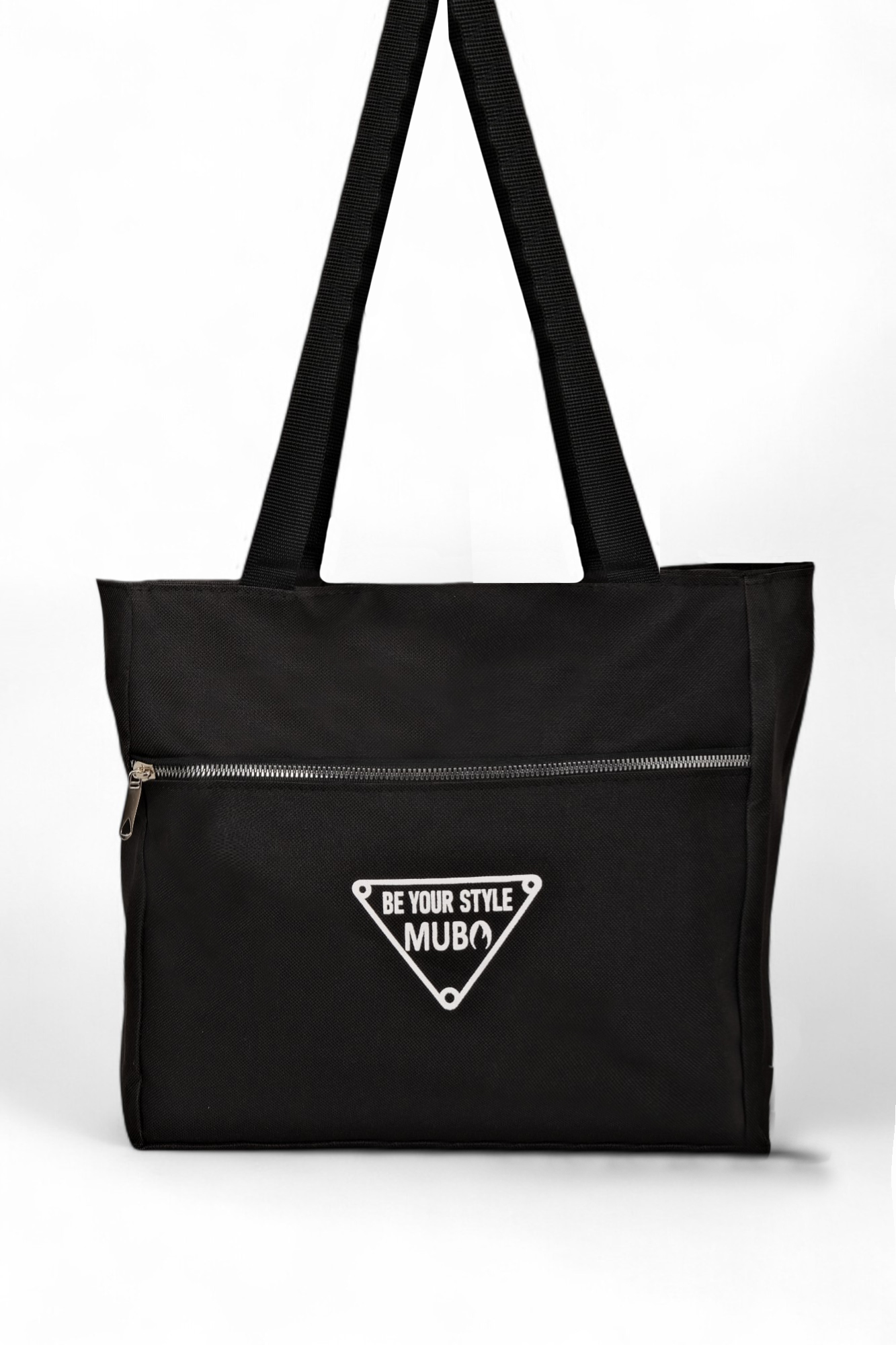 Kadın Siyah Önü Fermuarlı Yazılı El, Kol ve Omuz Çantası