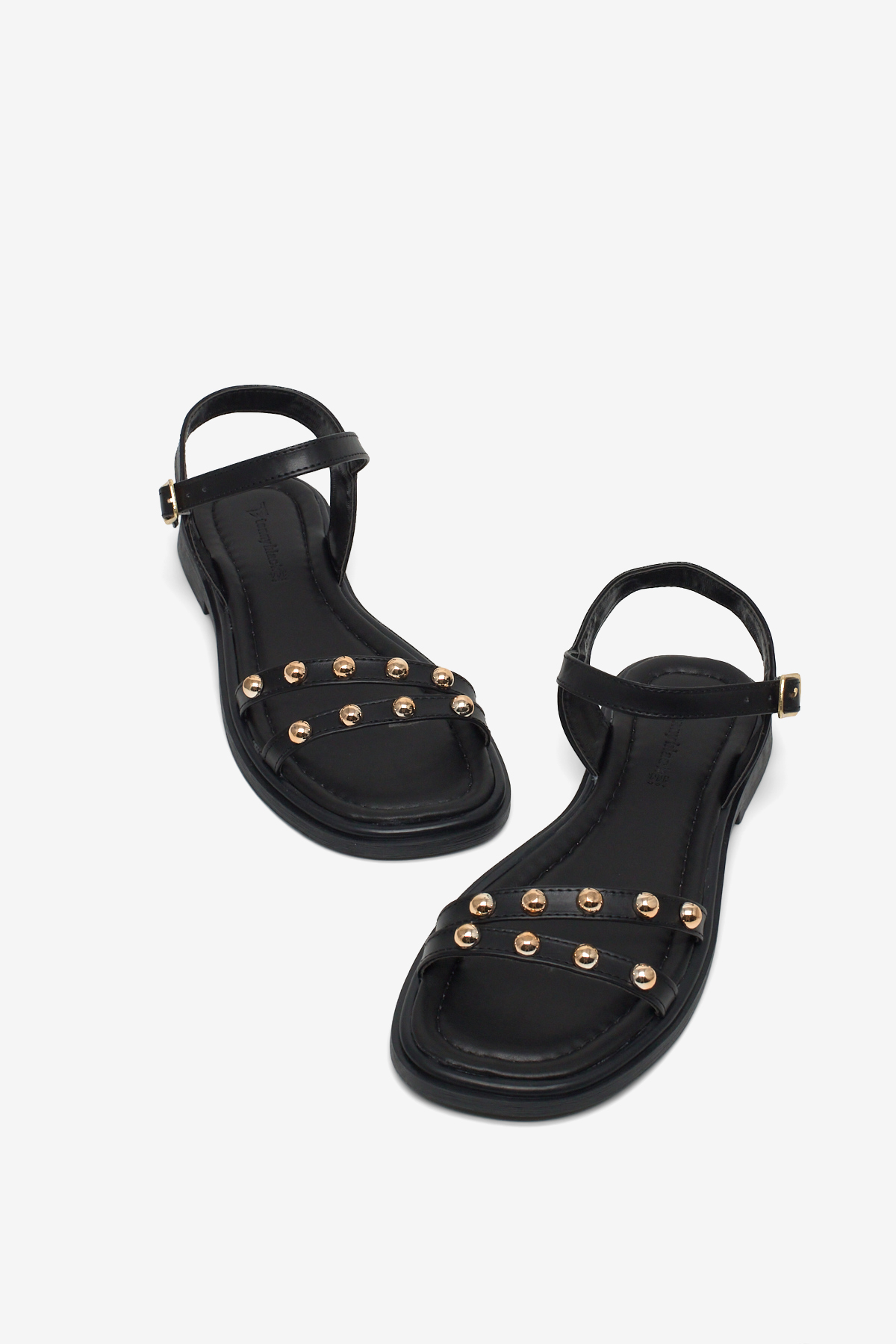 Kadın Siyah Rahat Kalıp Çift Bantlı Tokalı Taşlı Sandalet