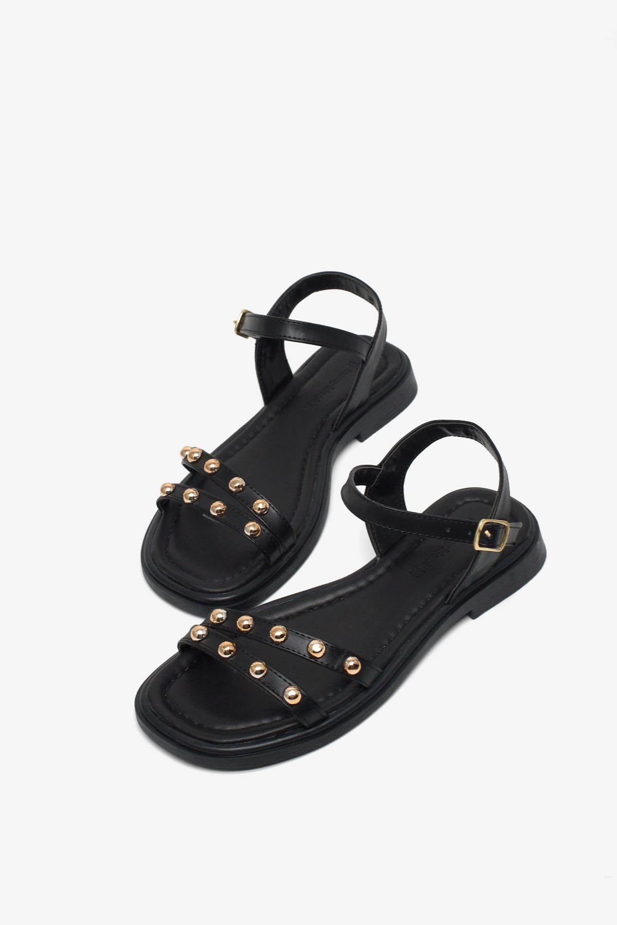 Kadın Siyah Rahat Kalıp Çift Bantlı Tokalı Taşlı Sandalet