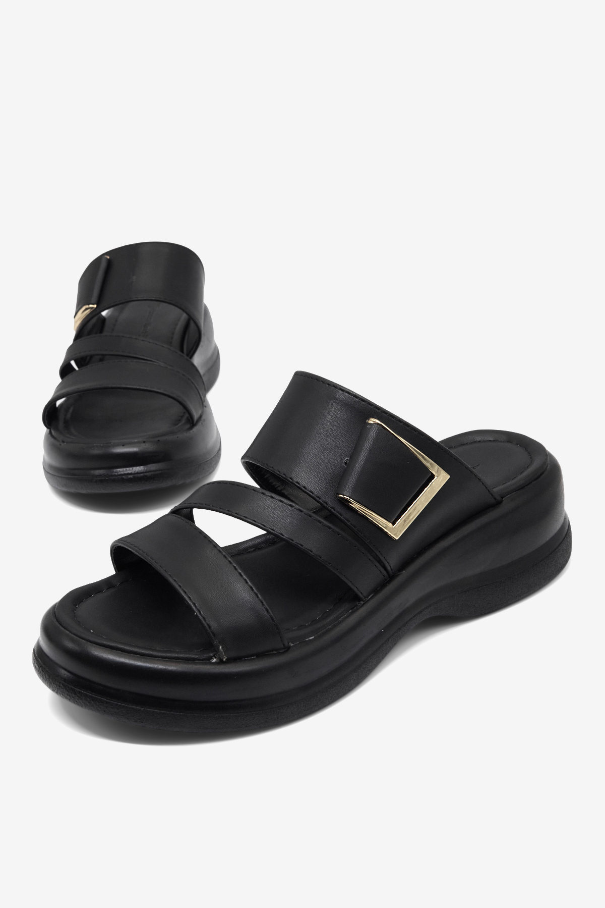 Kadın Siyah Rahat Kalıp Tokalı Çift Bantlı Terlik