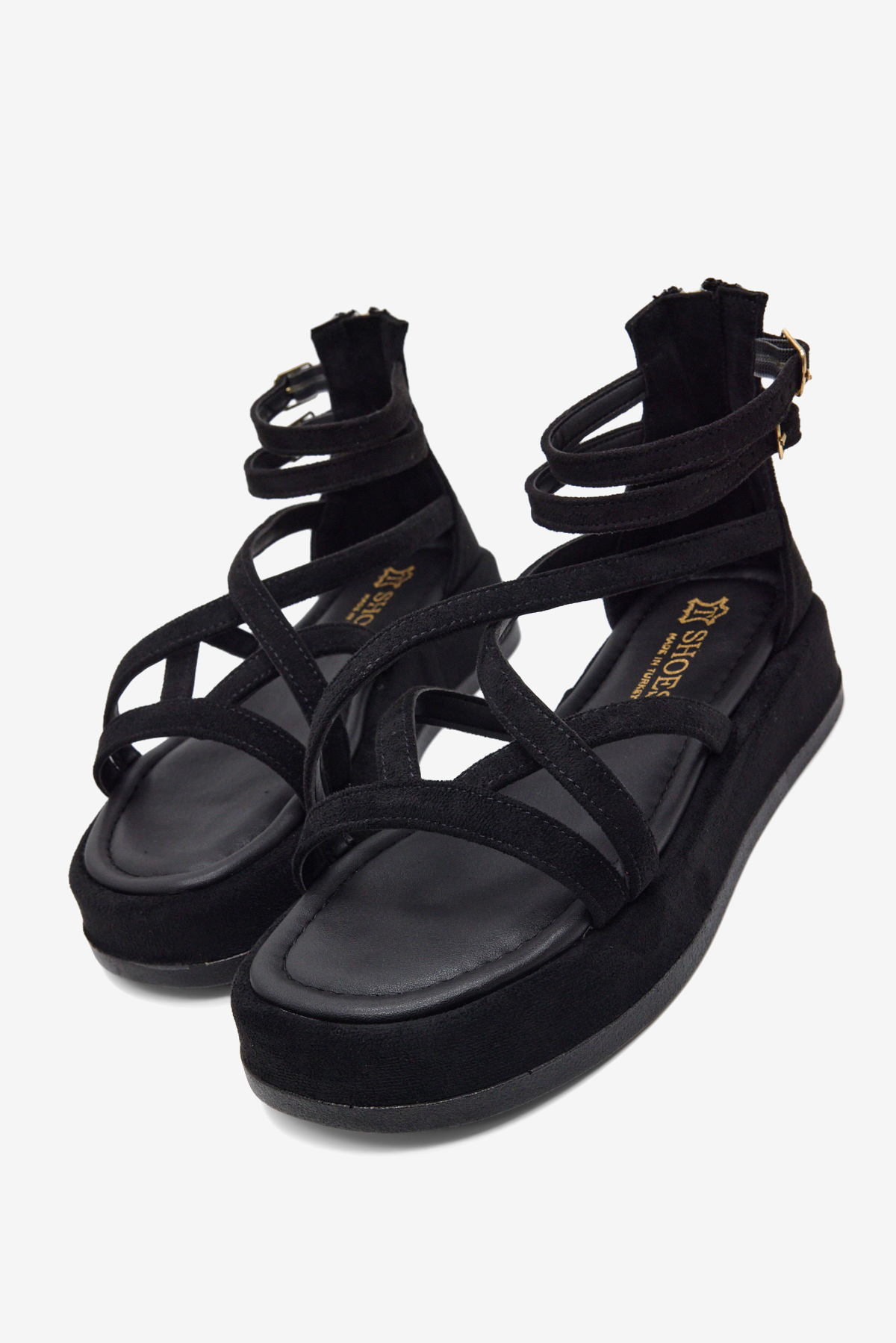 Kadın Siyah Süet Rahat Kalıp Çapraz Bantlı Çift Kemerli Sandalet