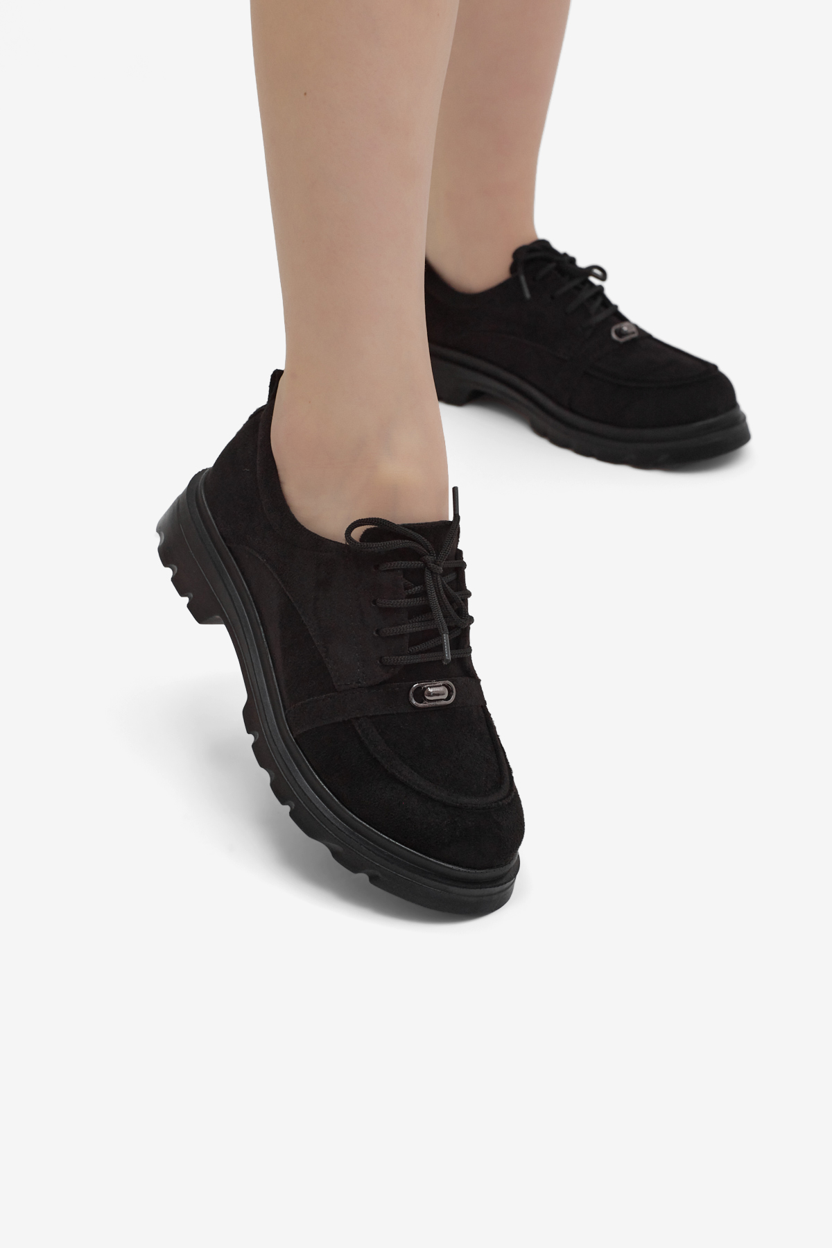 Kadın Siyah Süet Rahat Kalıp Termo Taban  Bağcıklı Günlük Ayakkabı