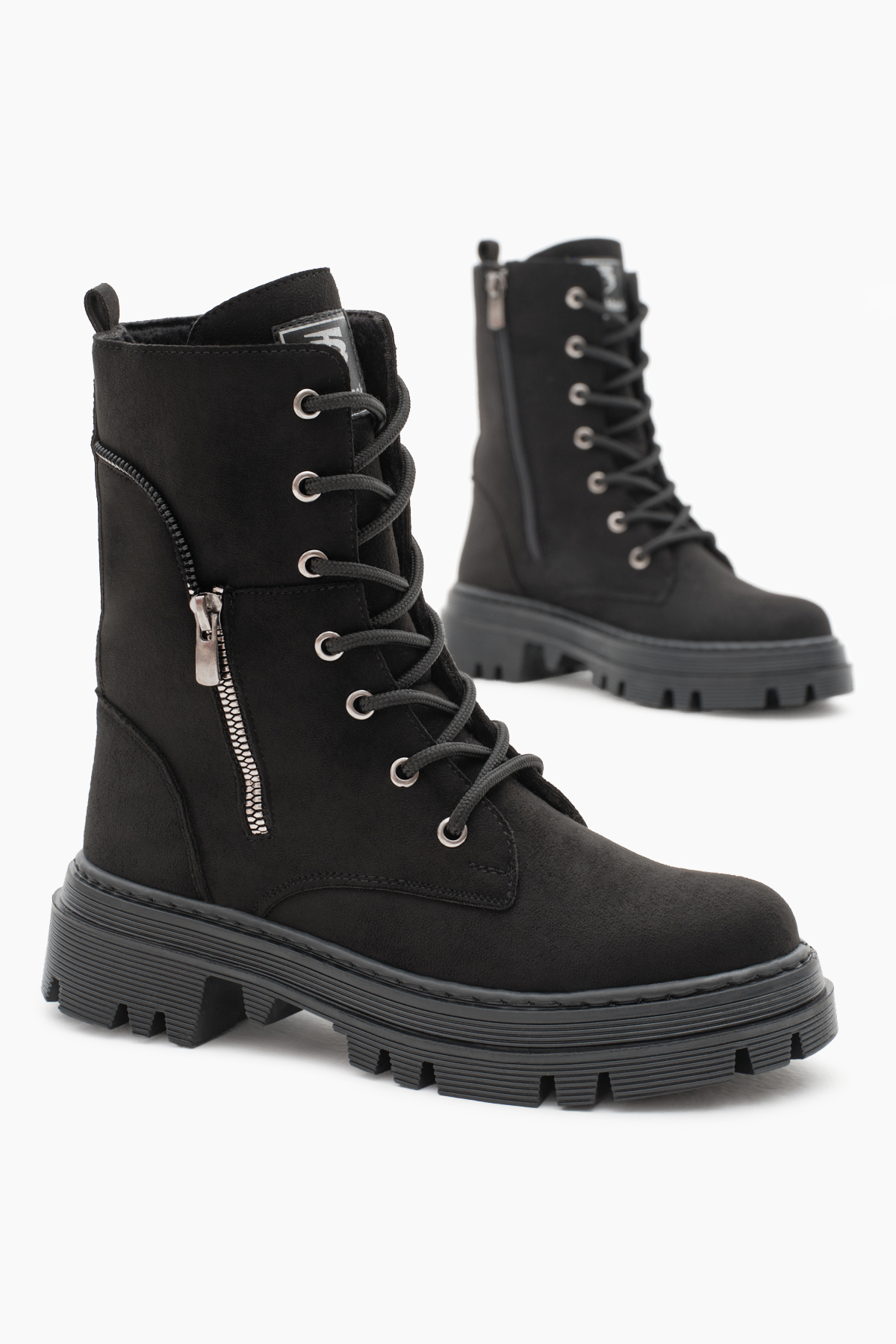 Kadın Siyah Süet Termo Taban Yanı Fermuar Desenli Bağcıklı ve Fermuarlı Bot