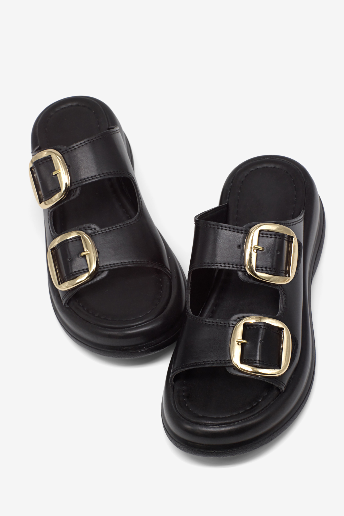 Kadın Siyah Yüksek Tabanlı Rahat Çift Tokalı Terlik