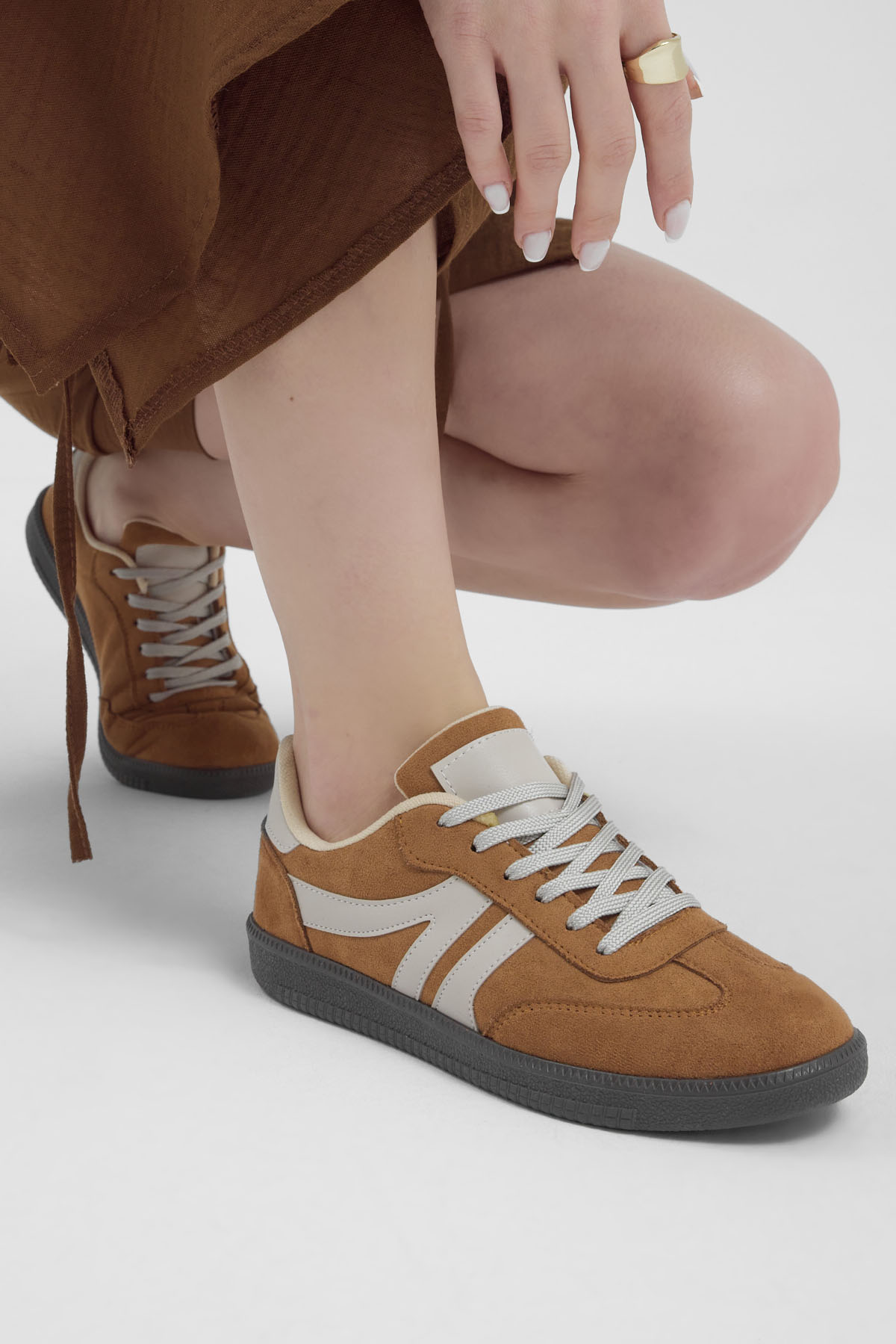 Kadın Taba Bej Termo Taban Yanı Şeritli Bağcıklı Günlük Rahat Spor Ayakkabı