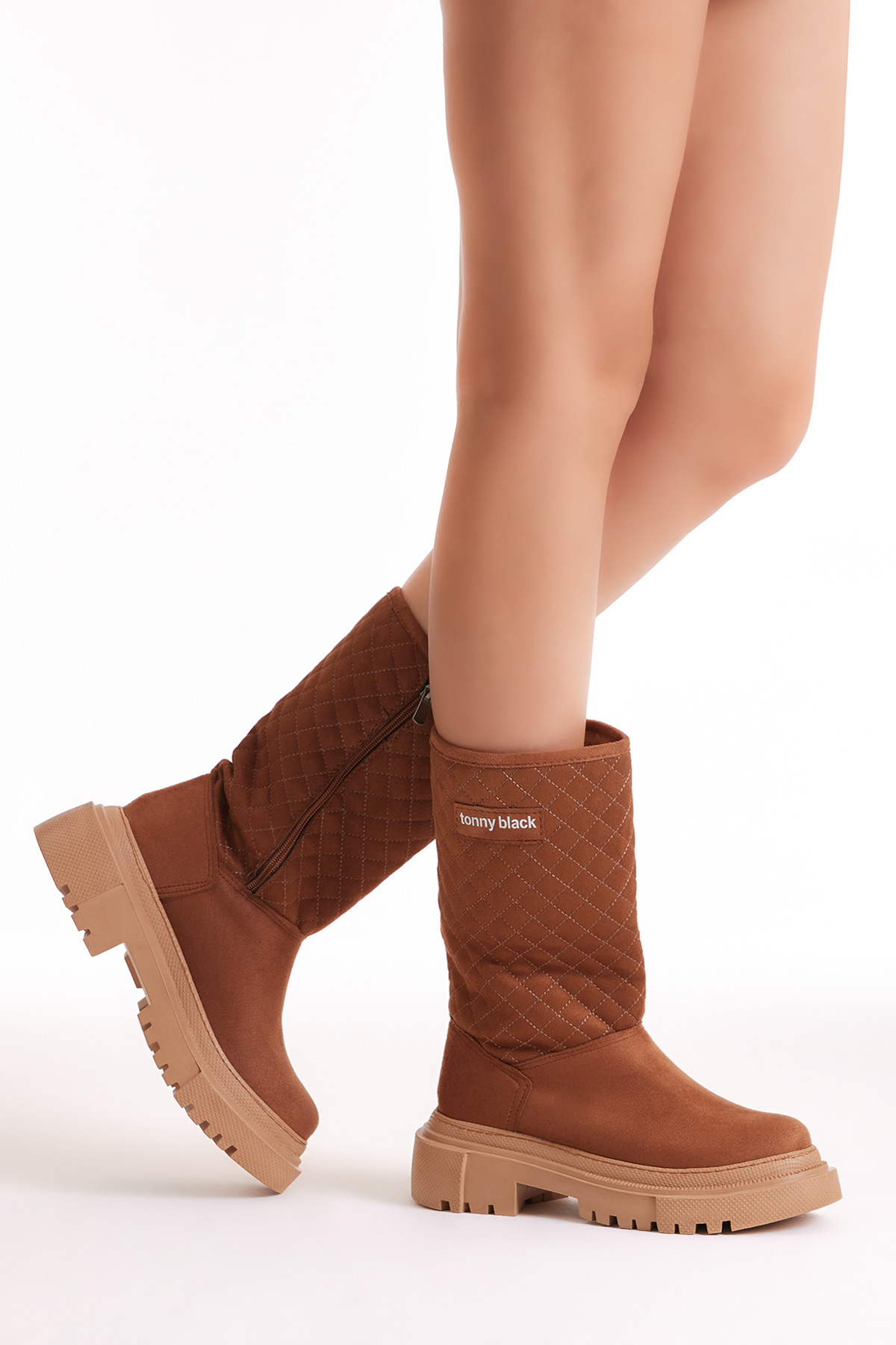 Kadın Taba Kapitone Desenli Rahat Kalıp Uzun Bot