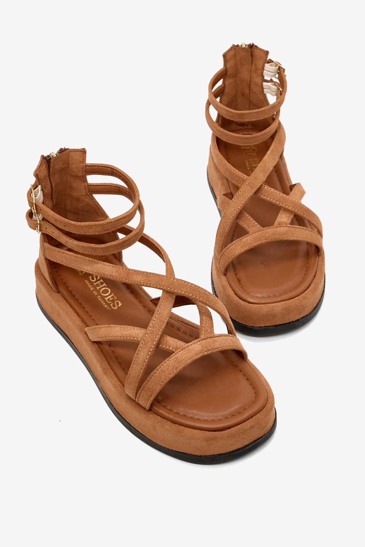 Kadın Taba Süet Rahat Kalıp Çapraz Bantlı Çift Kemerli Sandalet