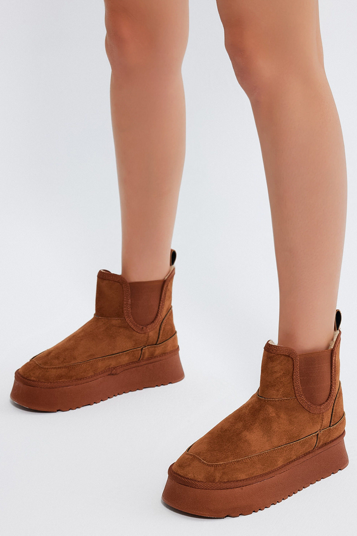 Kadın Taba Süet Rahat Kalıp Lastikli Kürklü Süet Bot