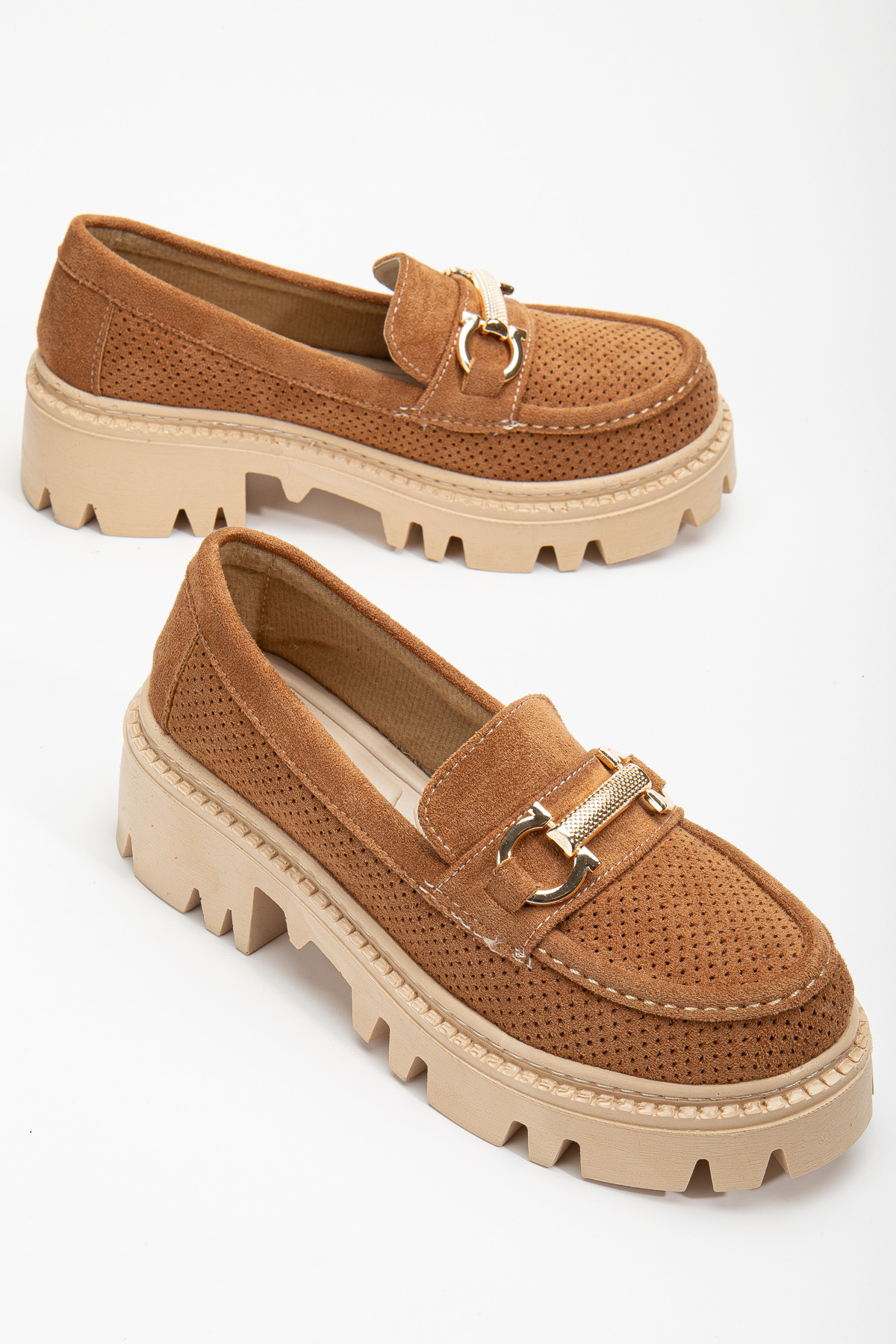 Kadın Taba Süet Rahat Kalıp Yüksek Poli Taban Önü Tokalı Loafer