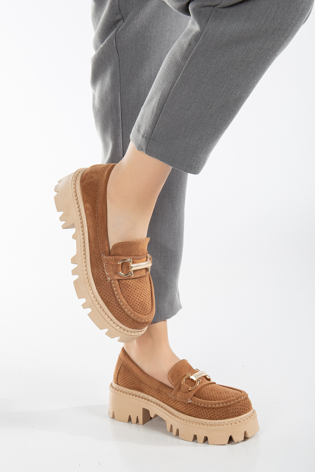 Kadın Taba Süet Rahat Kalıp Yüksek Poli Taban Önü Tokalı Loafer