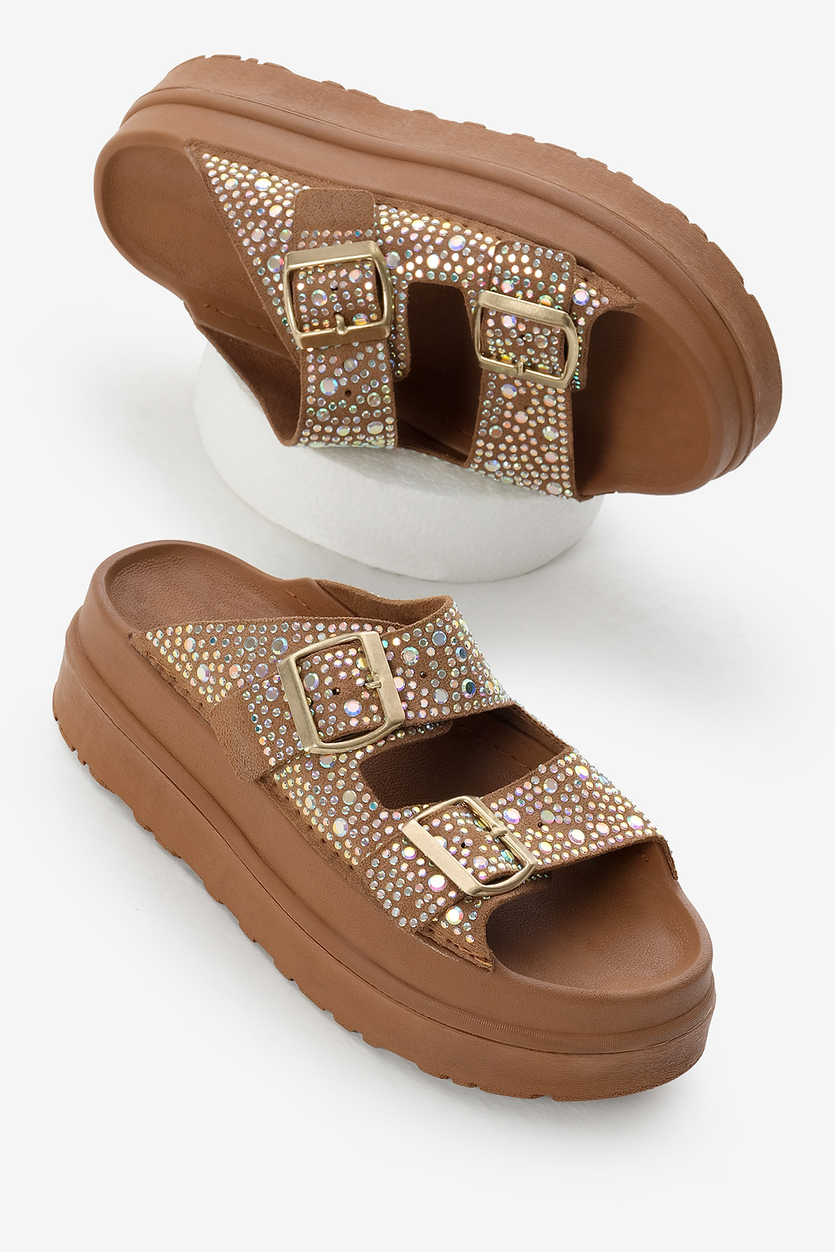 Kadın Taba Yüksek Poli Taban Taşlı Çift Bantlı Tokalı Terlik