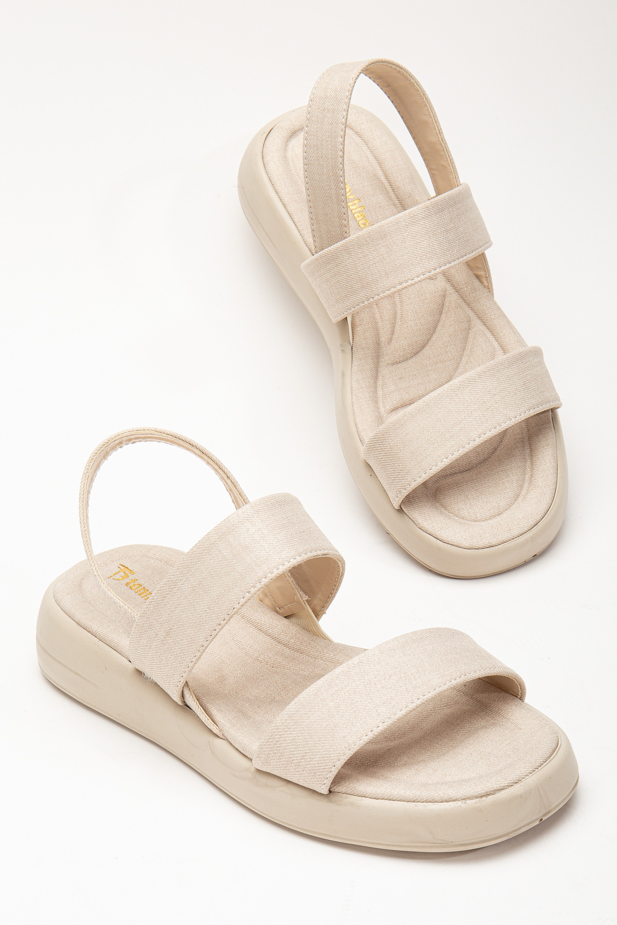 Kadın Vizon Keten Rahat Kalıp Poli Taban Çift Bantlı Sandalet