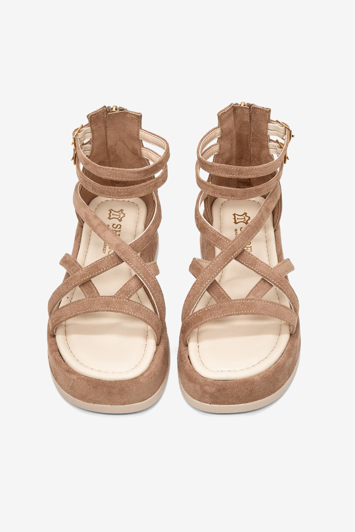 Kadın Vizon Süet Rahat Kalıp Çapraz Bantlı Çift Kemerli Sandalet