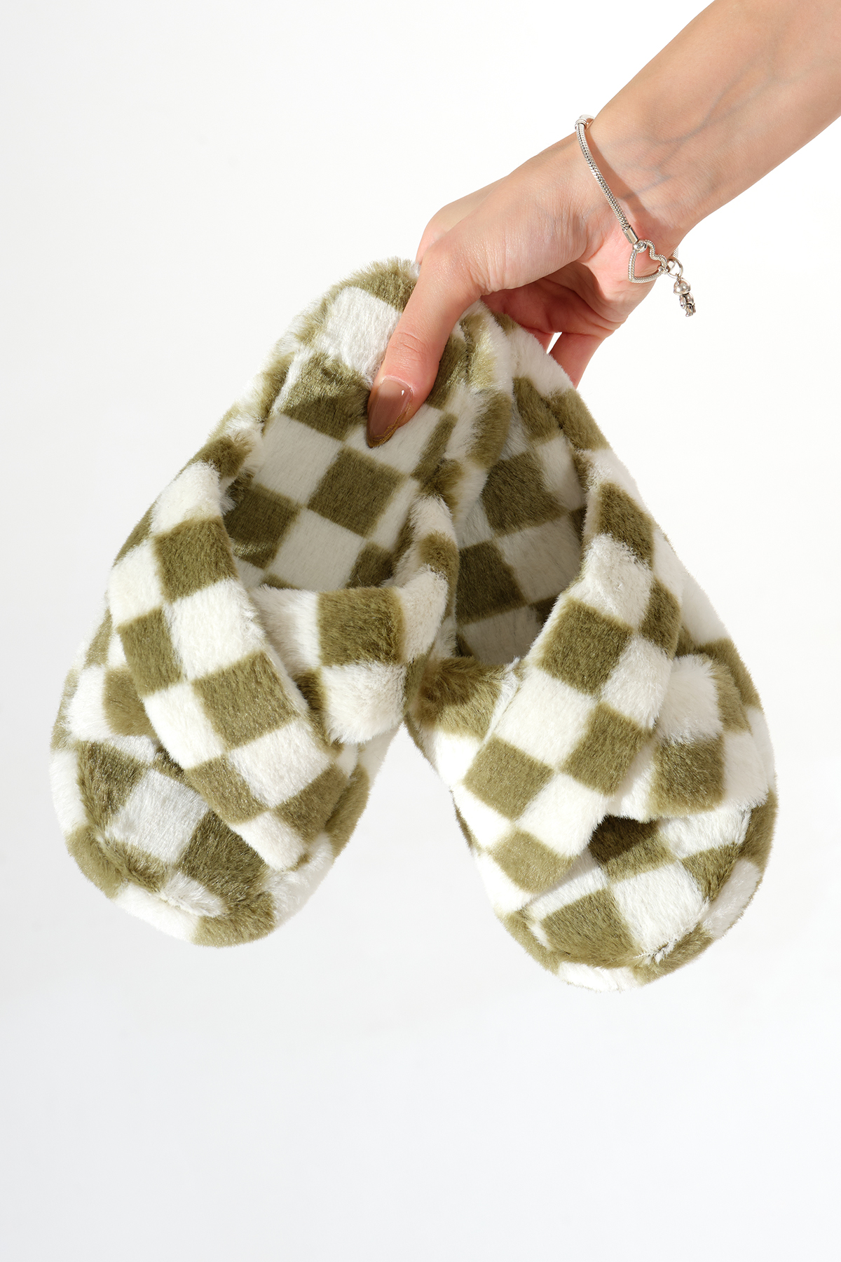 Kadın Yeşil Kroko Desenli Çapraz Peluş Ev Terliği