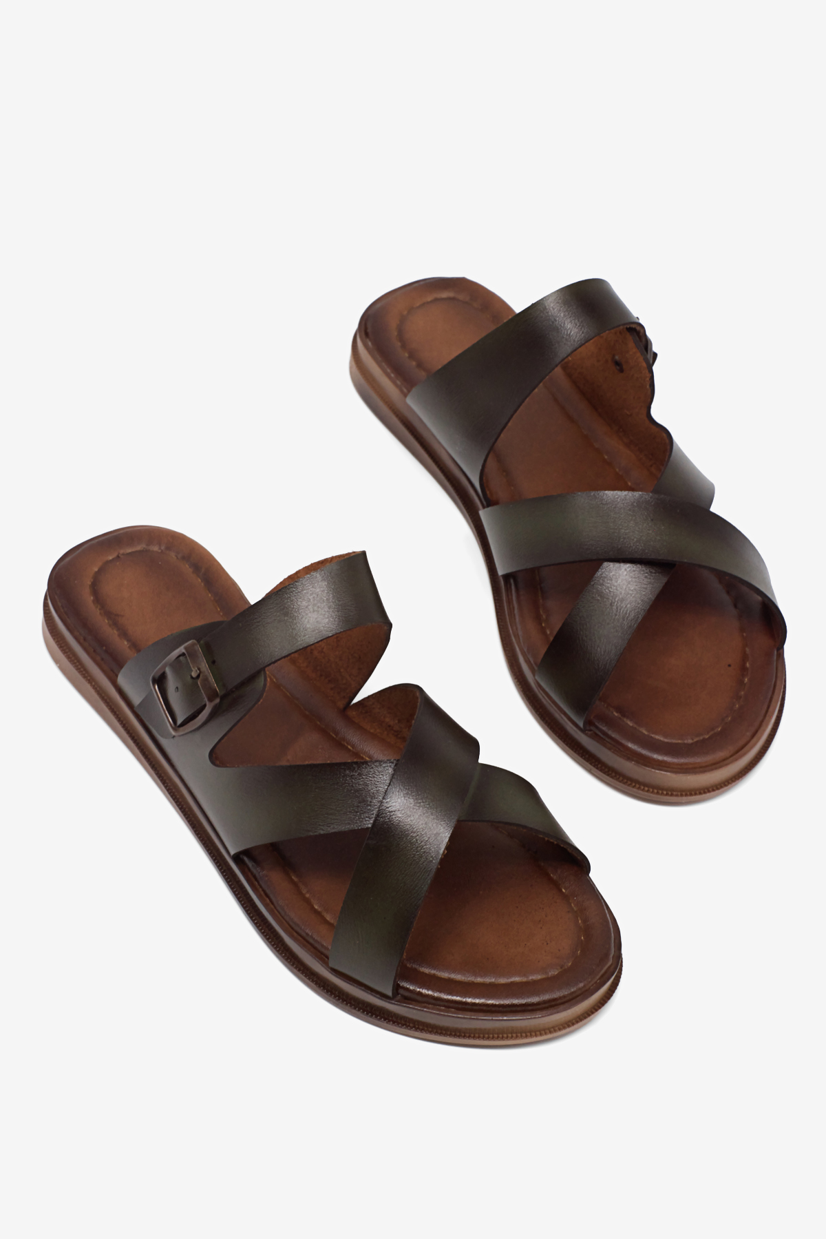 Kadın Yeşil Rahat Termo Taban Tokalı Çapraz Bantlı Terlik