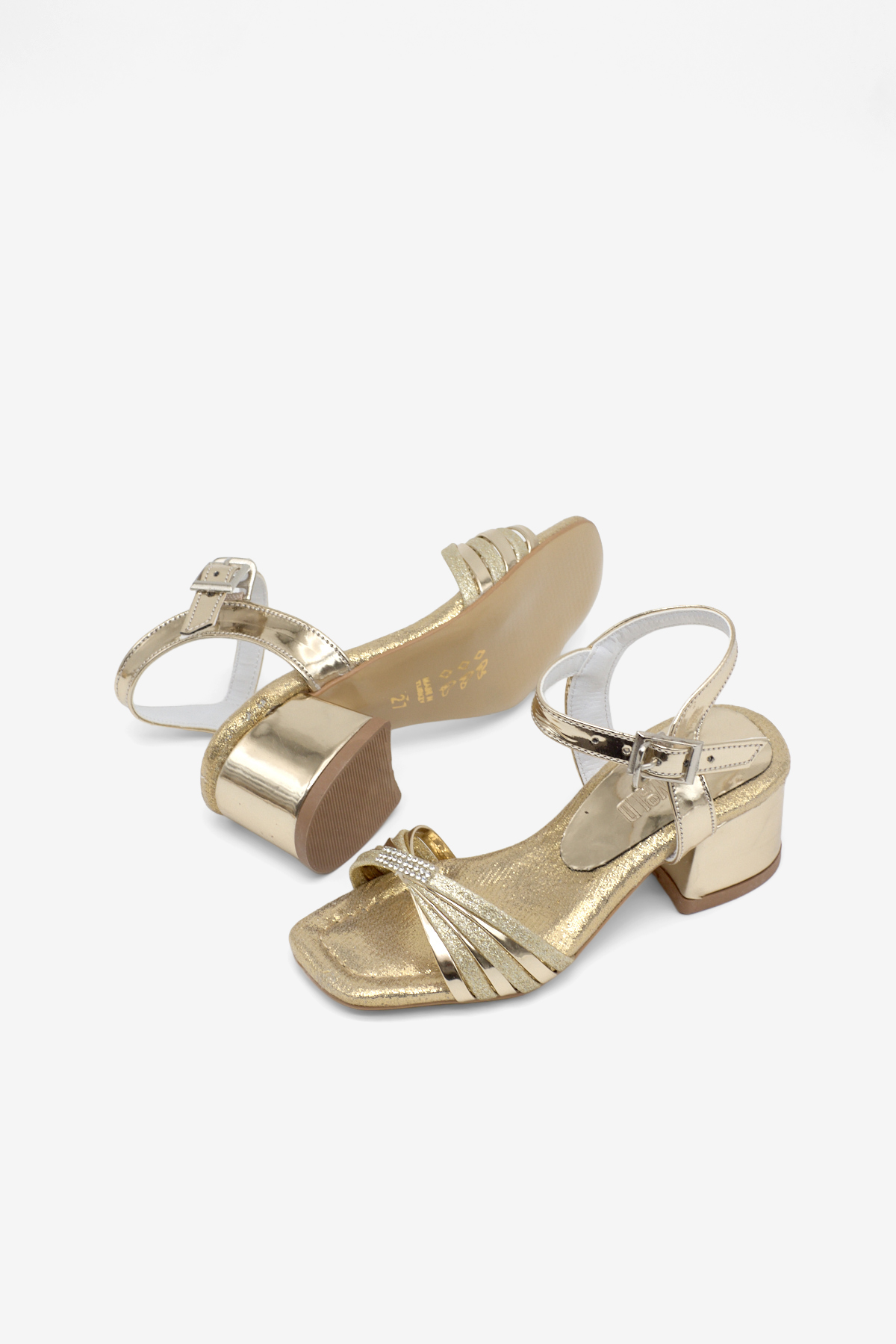 Kız Çocuk Altın Poli Taban Taş Detaylı Topuklu Ayakkabı