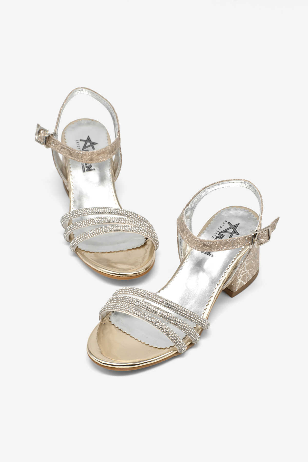 Kız Çocuk Altın Simli Çocuk Taşlı Topuklu Sandalet