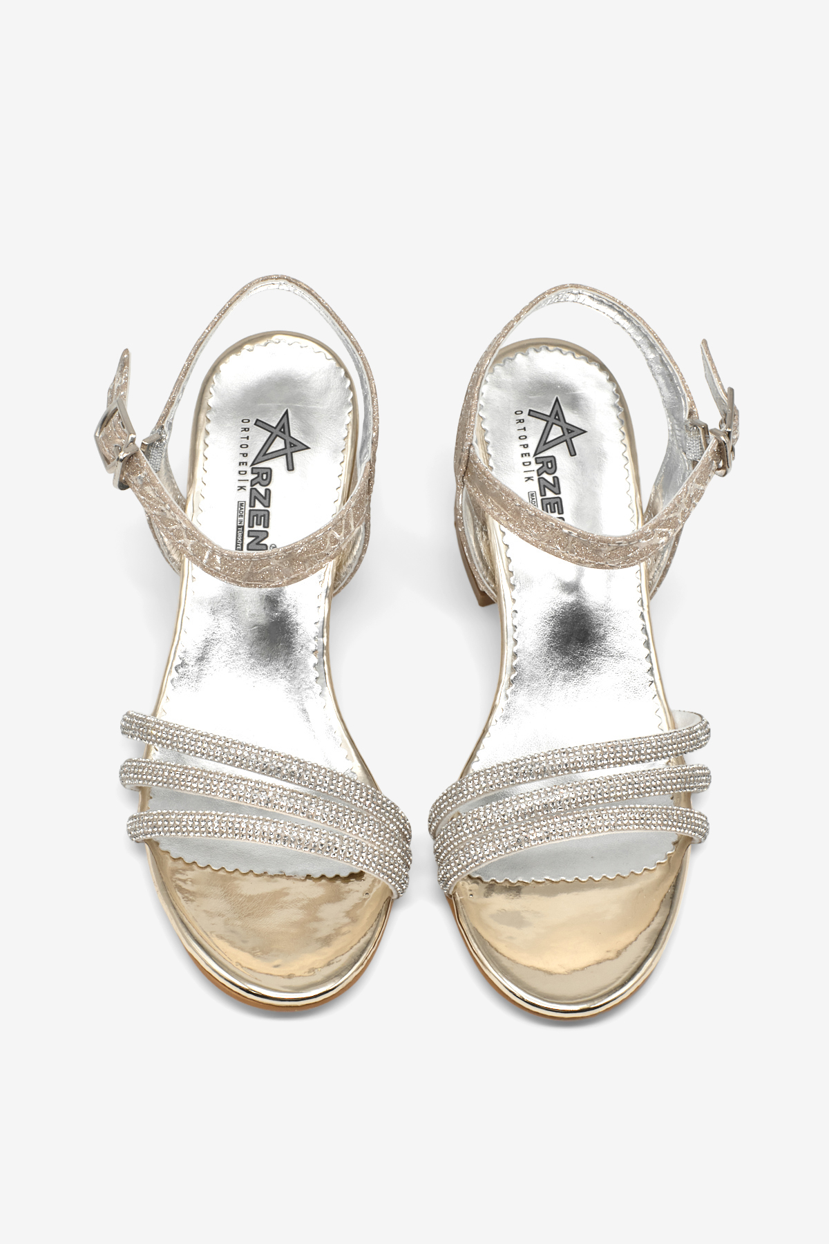 Kız Çocuk Altın Simli Çocuk Taşlı Topuklu Sandalet