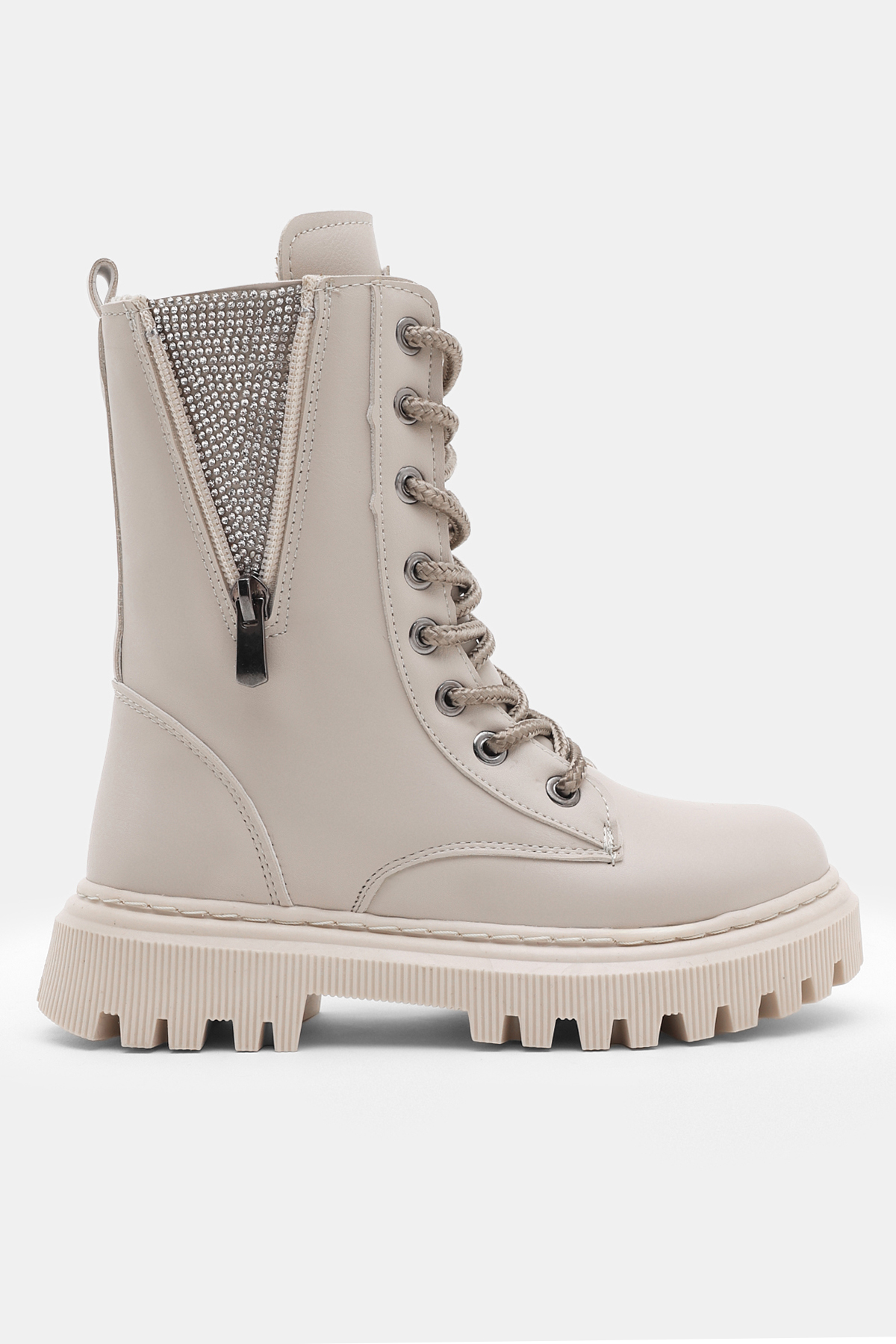 Kız Çocuk Bej Cilt Termo Taban Yanı Fermuarlı Taş Detaylı Bağcıklı ve Fermuarlı Bot