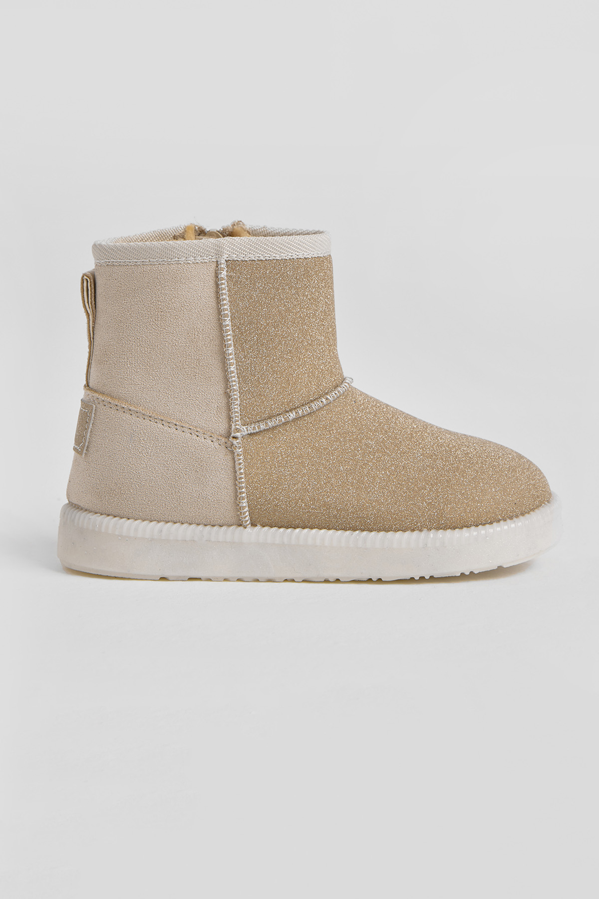 Kız Çocuk Bej Simli Termo Taban Süet Görünümlü İçi Kürklü Kısa Bot