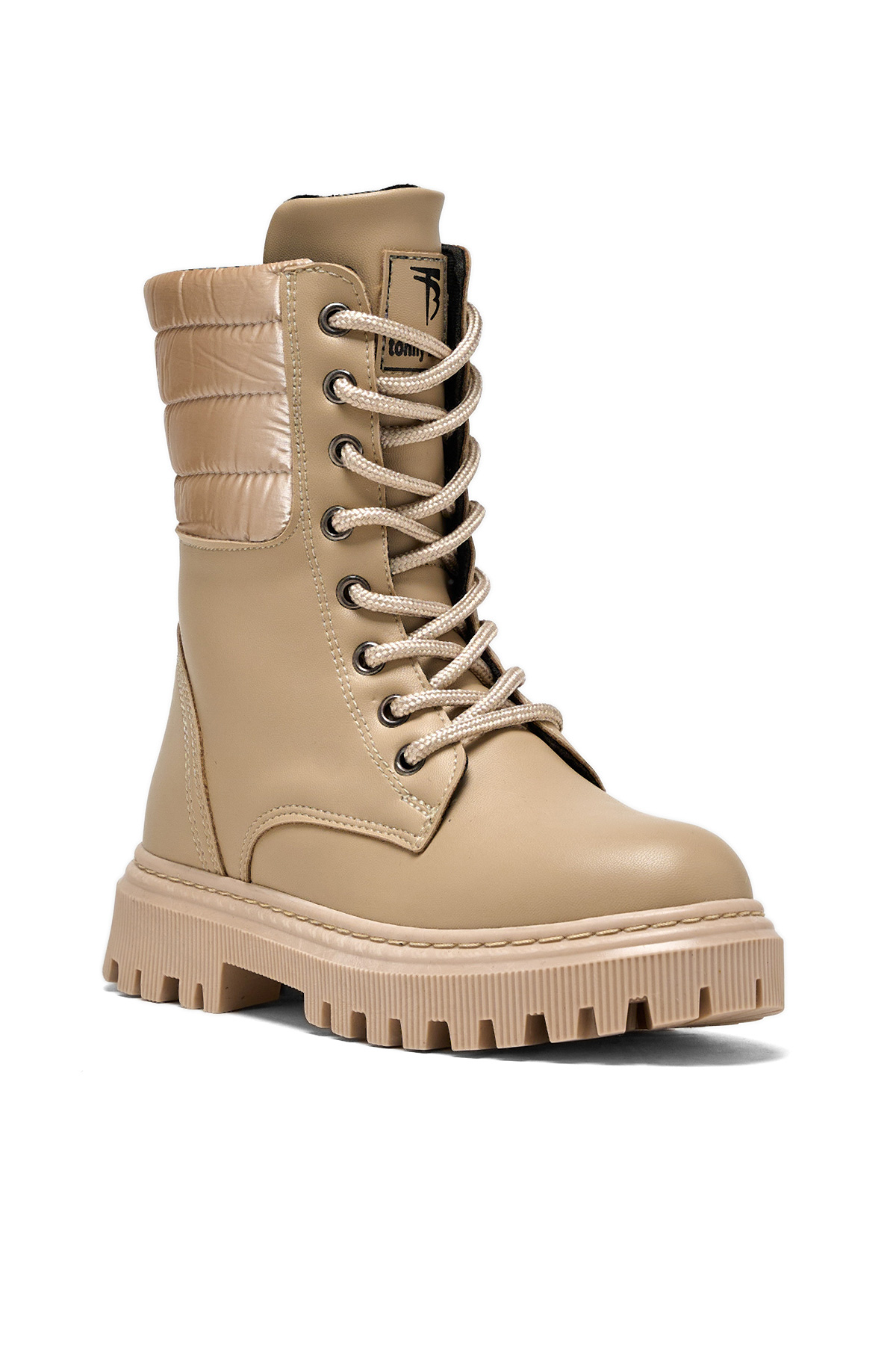 Kız Çocuk Bej Termo Taban Yanı Kapitone Desenli Bağcıklı ve Fermuarlı Bot