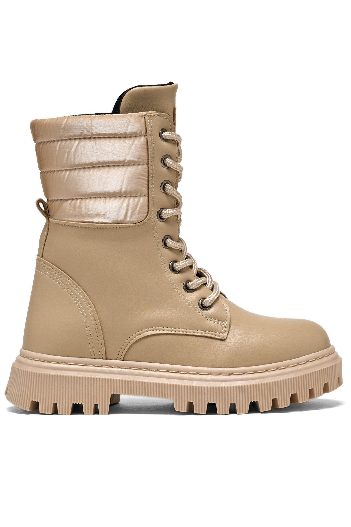 Kız Çocuk Bej Termo Taban Yanı Kapitone Desenli Bağcıklı ve Fermuarlı Bot