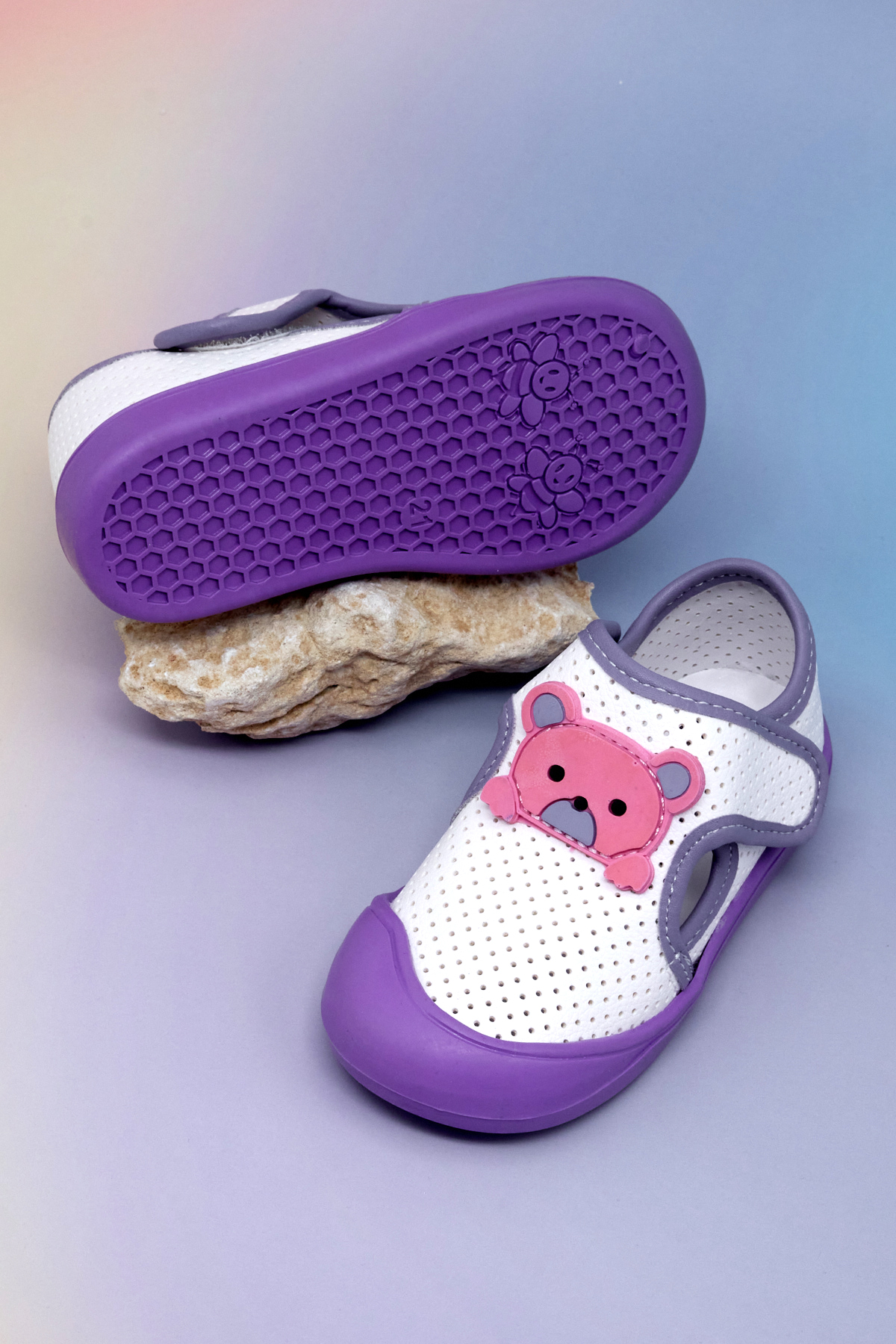 Kız Çocuk Beyaz Lila Ayıcık Detaylı Rahat Kalıp İlk Adım Sneaker