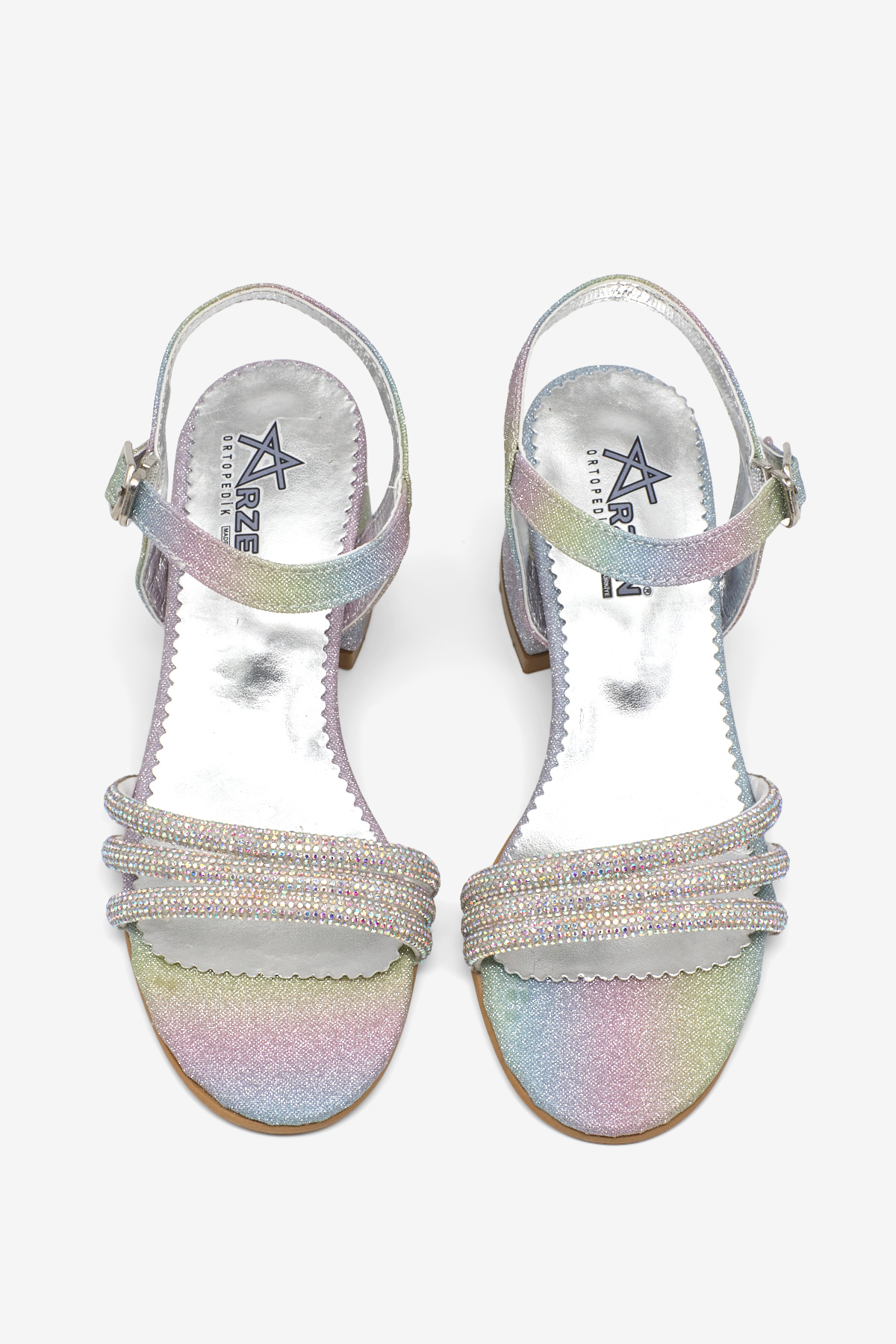 Kız Çocuk Gökkuşağı Simli Çocuk Taşlı Topuklu Sandalet