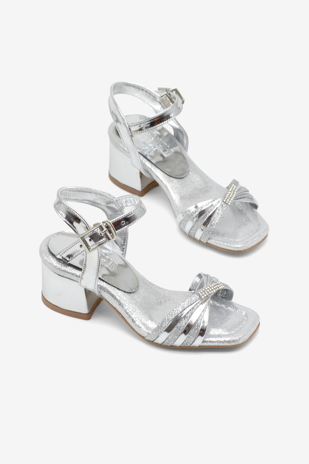 Kız Çocuk Gümüş Poli Taban Taş Detaylı Topuklu Ayakkabı