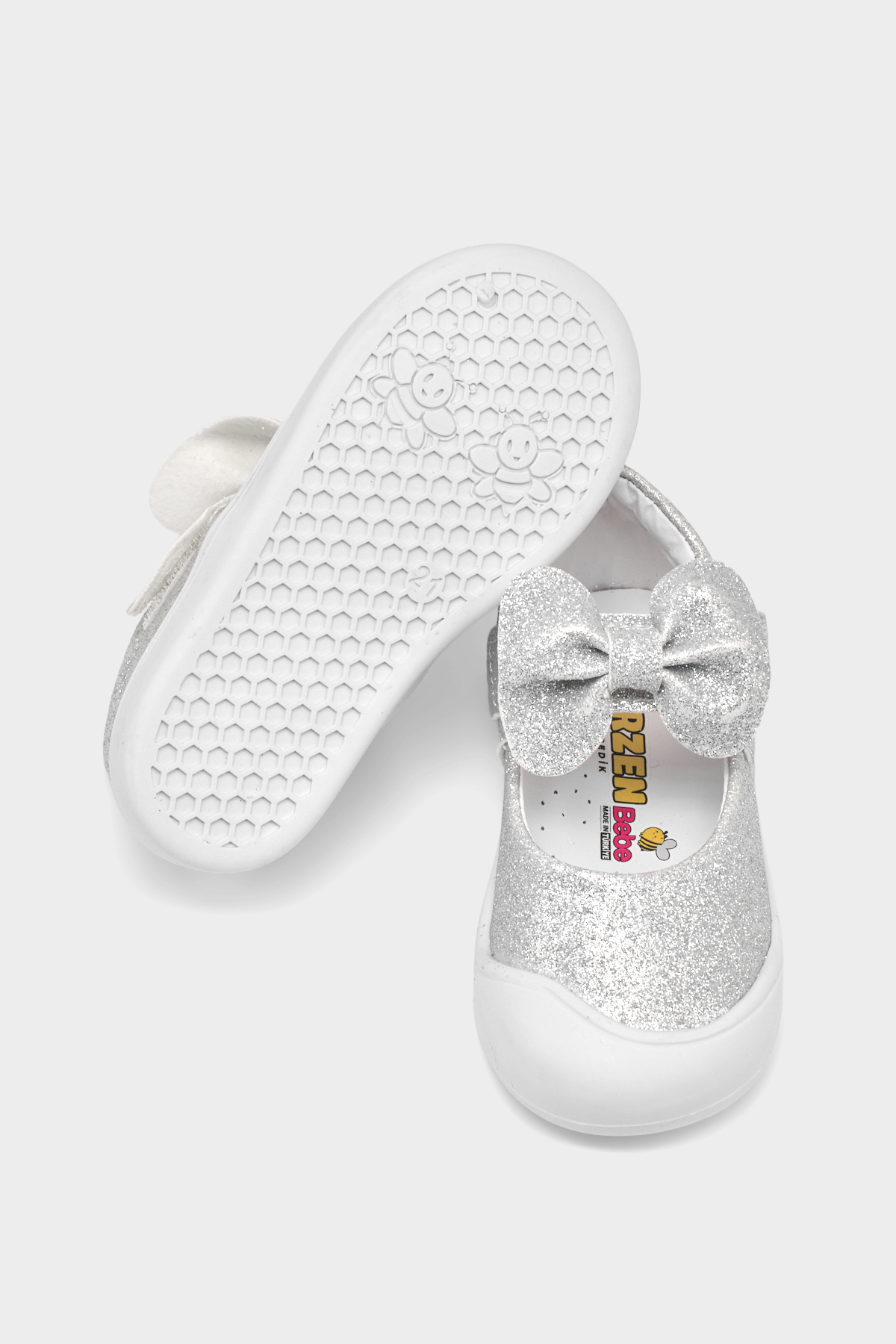 Kız Çocuk Gümüş simli Çocuk İlk Adım Fiyonlu Babet