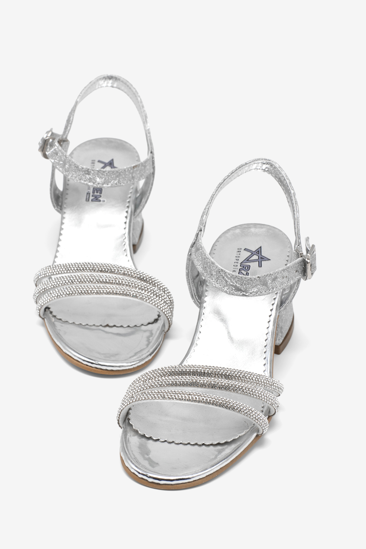 Kız Çocuk Gümüş simli Çocuk Taşlı Topuklu Sandalet