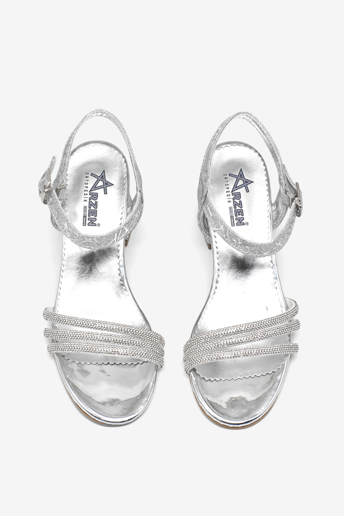 Kız Çocuk Gümüş simli Çocuk Taşlı Topuklu Sandalet