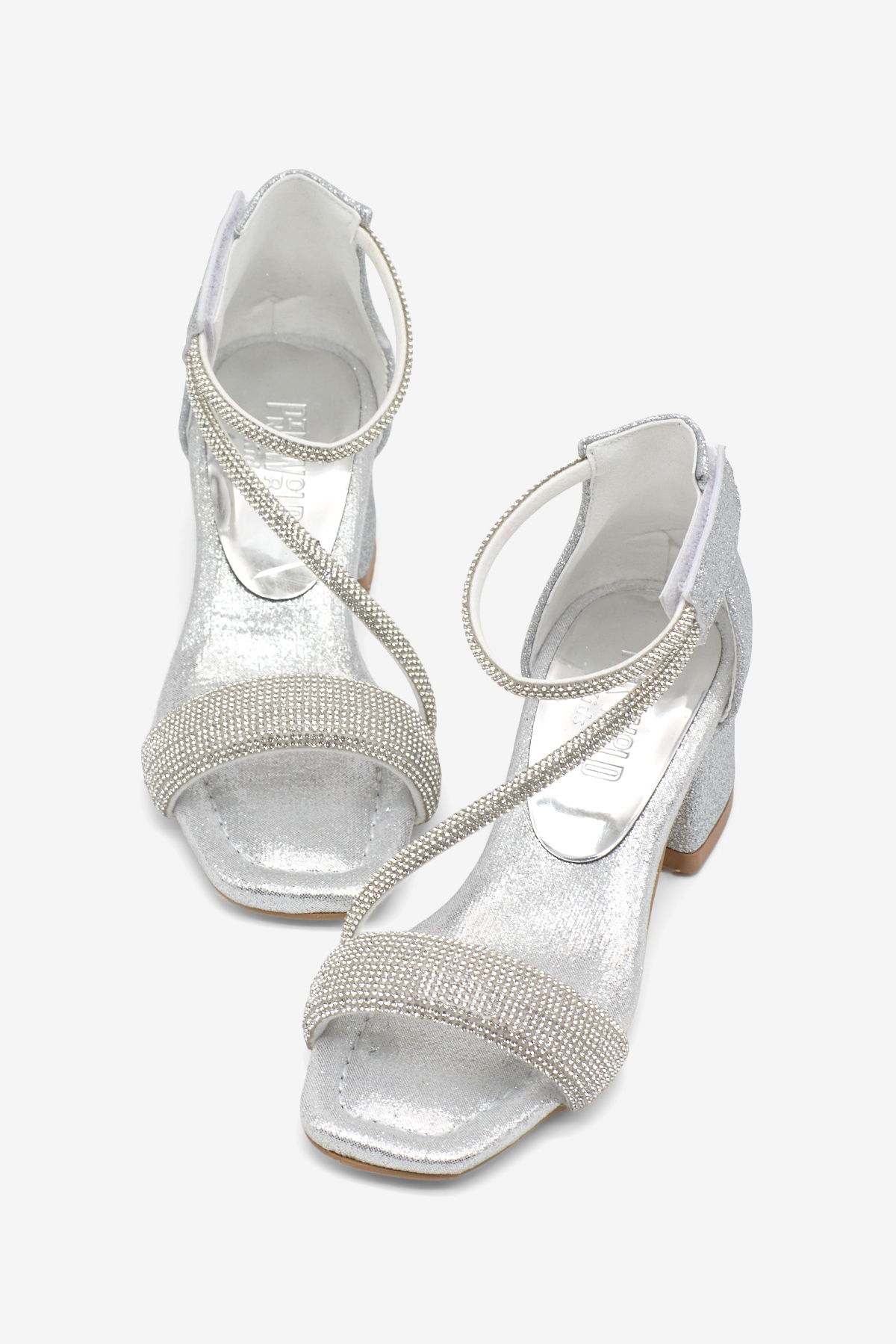 Kız Çocuk Gümüş Taş Detaylı Bilekten Bantlı Topuklu Ayakkabı