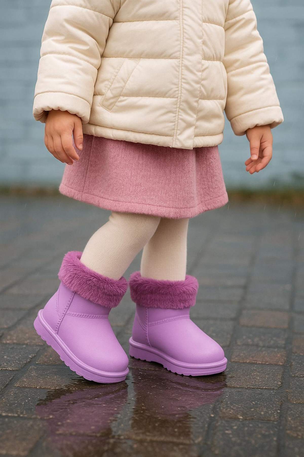 Kız Çocuk Lila İçi Kürklü Sıcak Astarlı Çocuk PVC Bot