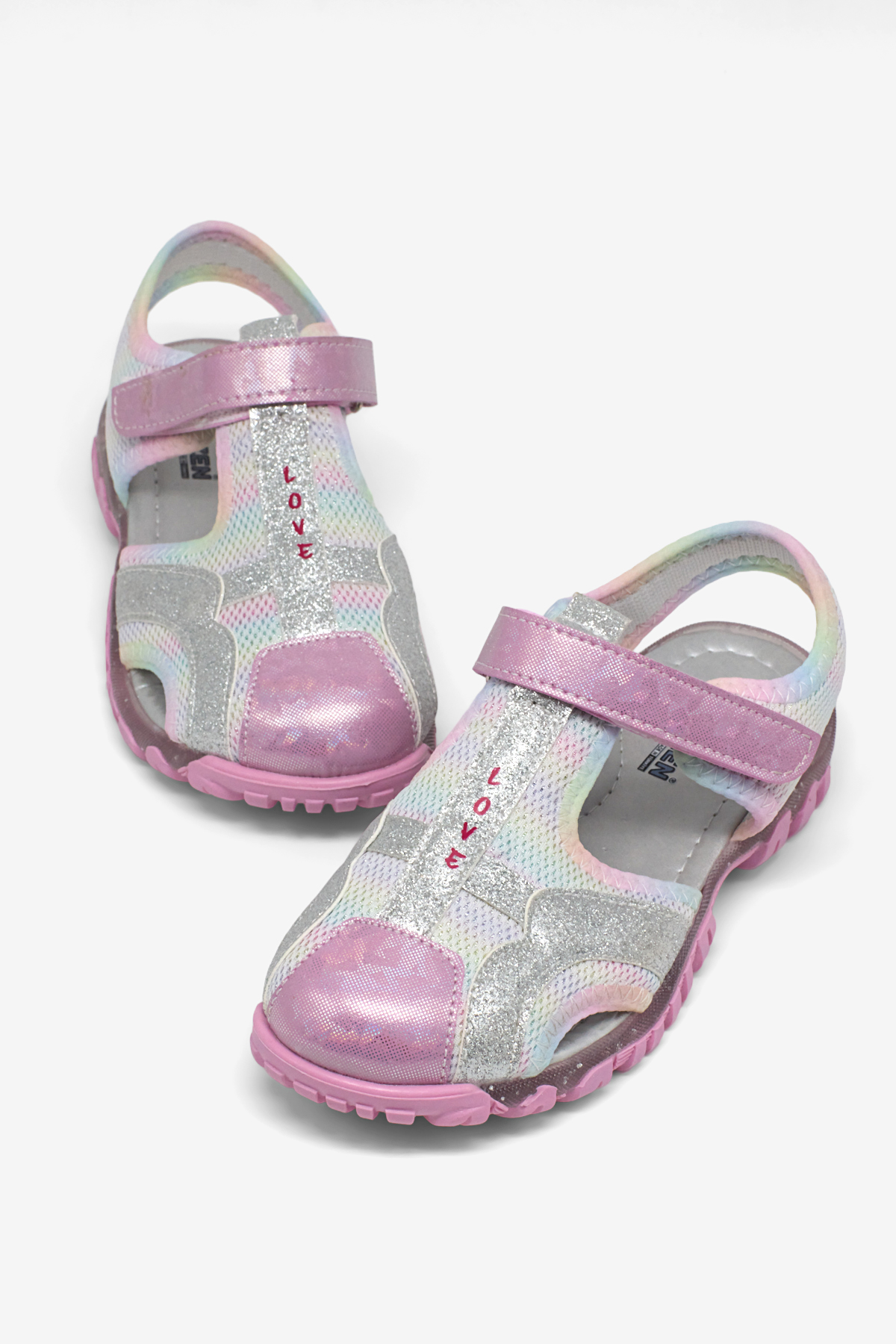 Kız Çocuk Pembe Gökkuşağı Çoçuk Sim Detaylı Cırtlı Rahat Kalıp Sandalet