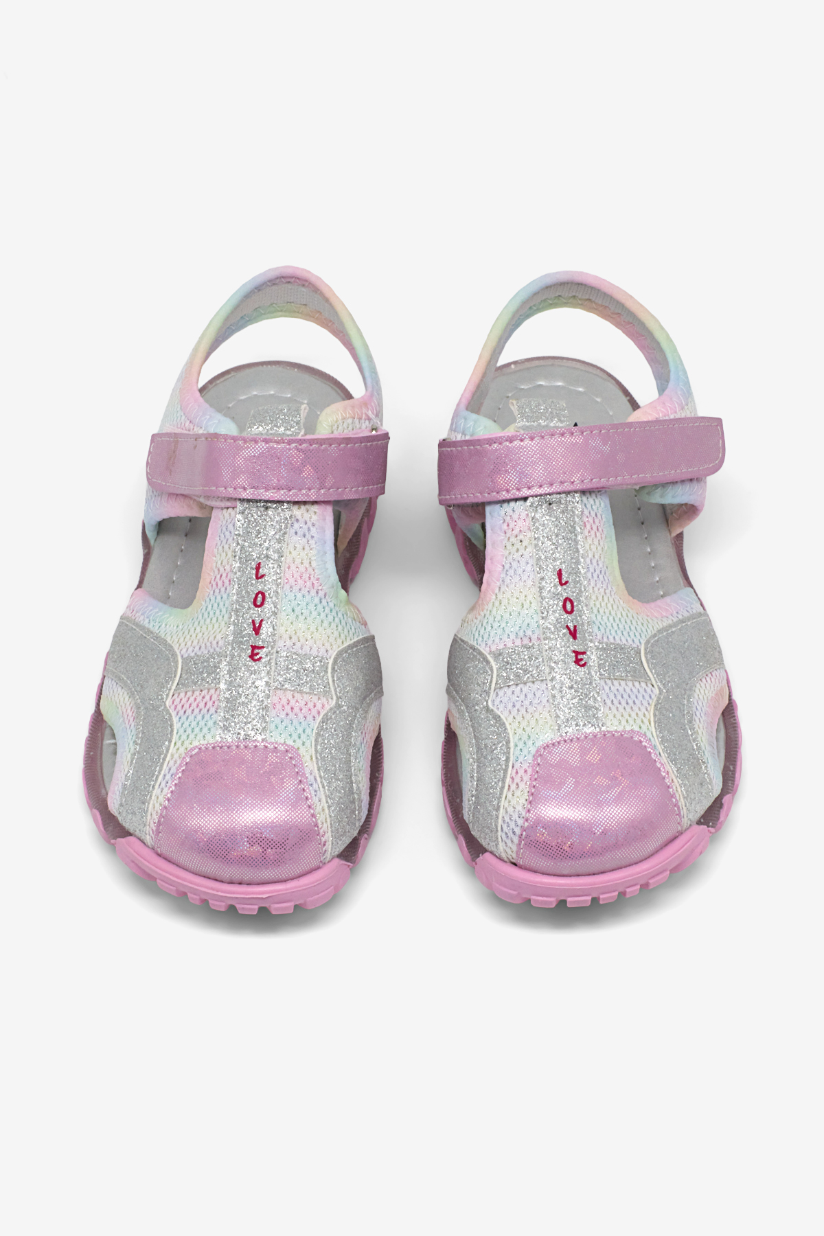 Kız Çocuk Pembe Gökkuşağı Çoçuk Sim Detaylı Cırtlı Rahat Kalıp Sandalet