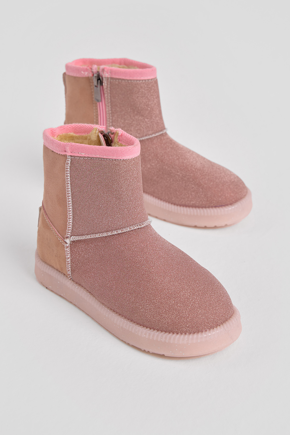 Kız Çocuk Pudra Simli Termo Taban Süet Görünümlü İçi Kürklü Kısa Bot