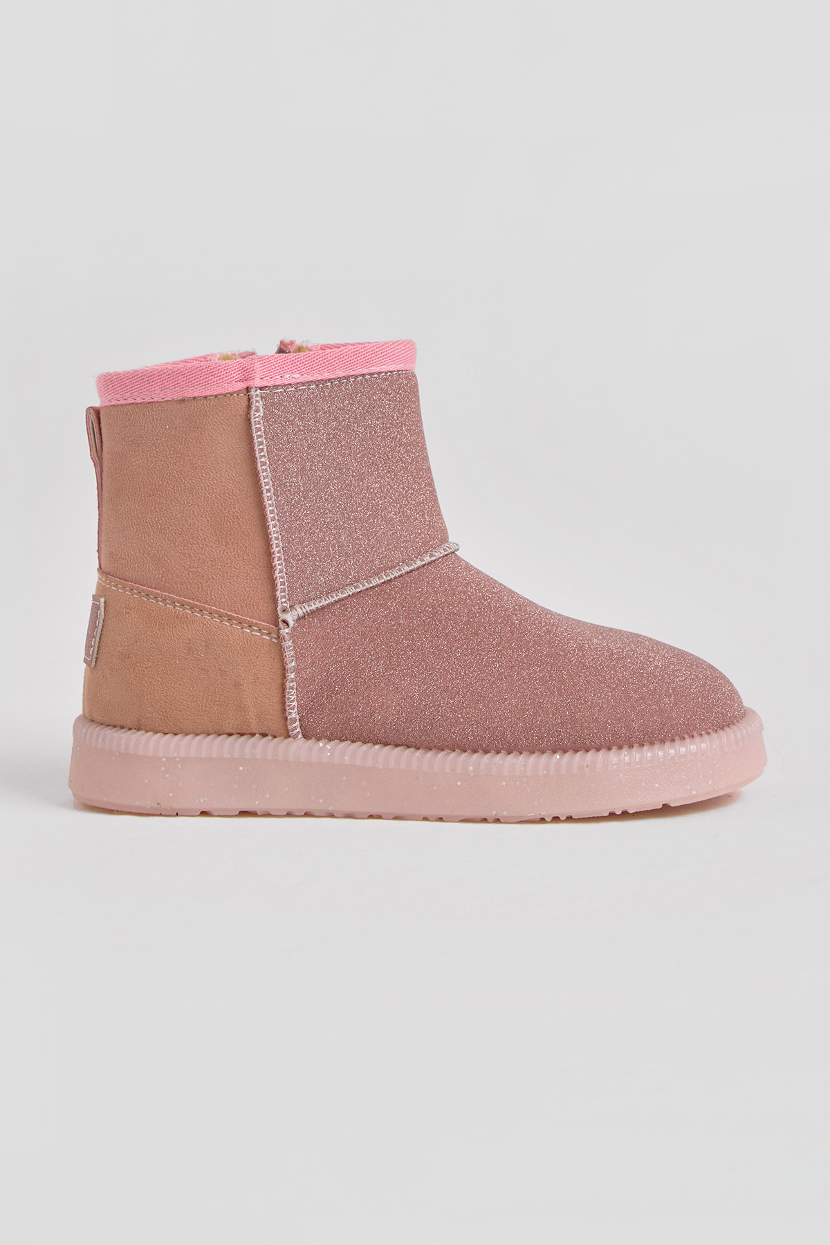 Kız Çocuk Pudra Simli Termo Taban Süet Görünümlü İçi Kürklü Kısa Bot
