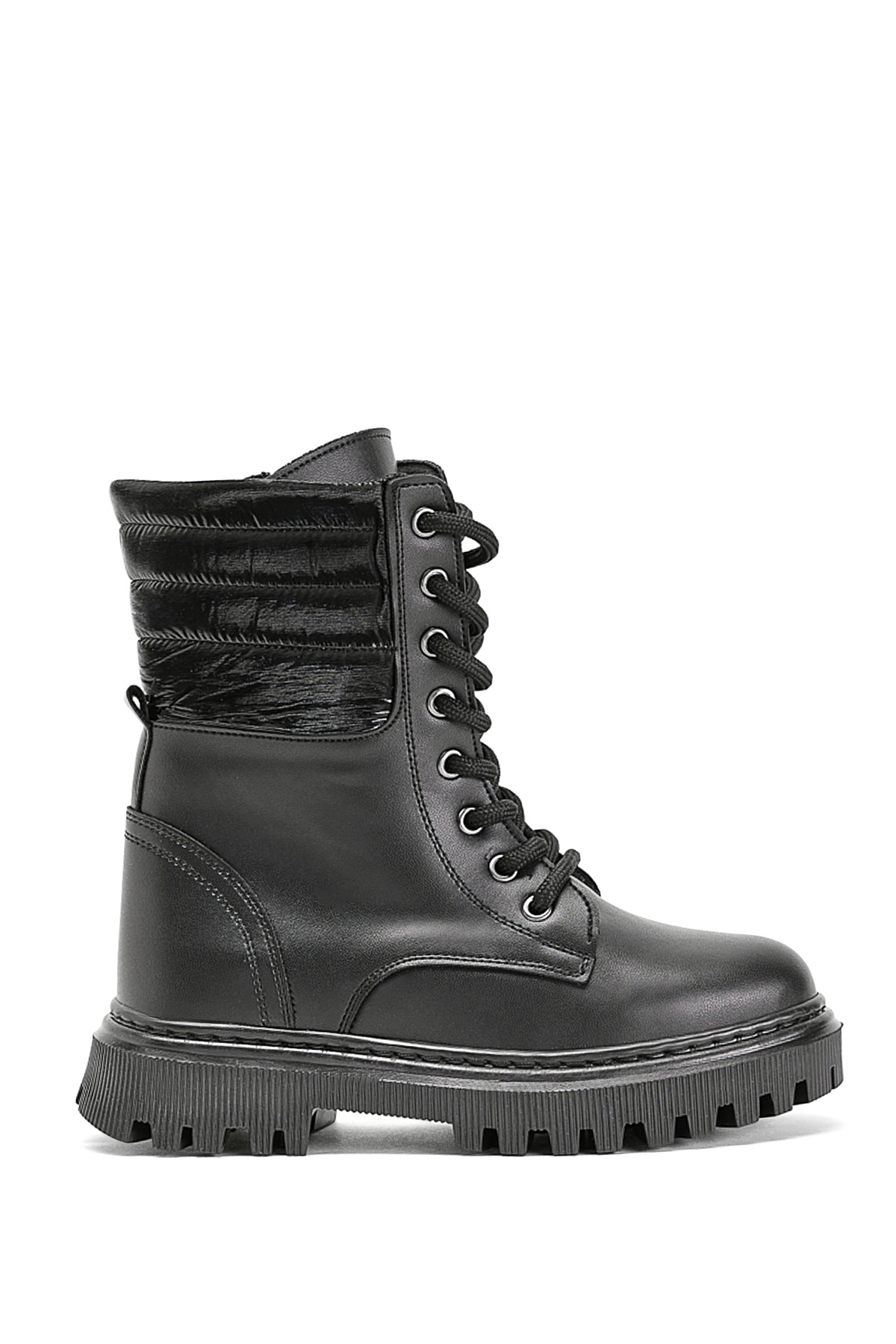 Kız Çocuk Siyah Cilt Termo Taban Yanı Kapitone Desenli Bağcıklı ve Fermuarlı Bot