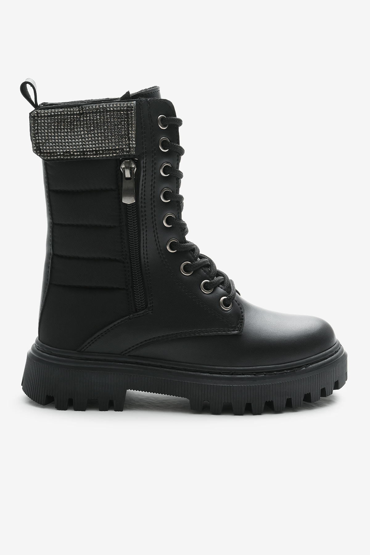 Kız Çocuk Siyah Cilt Termo Taban Taş Detaylı Fermuarlı ve Bağcıklı Cırtlı Bot